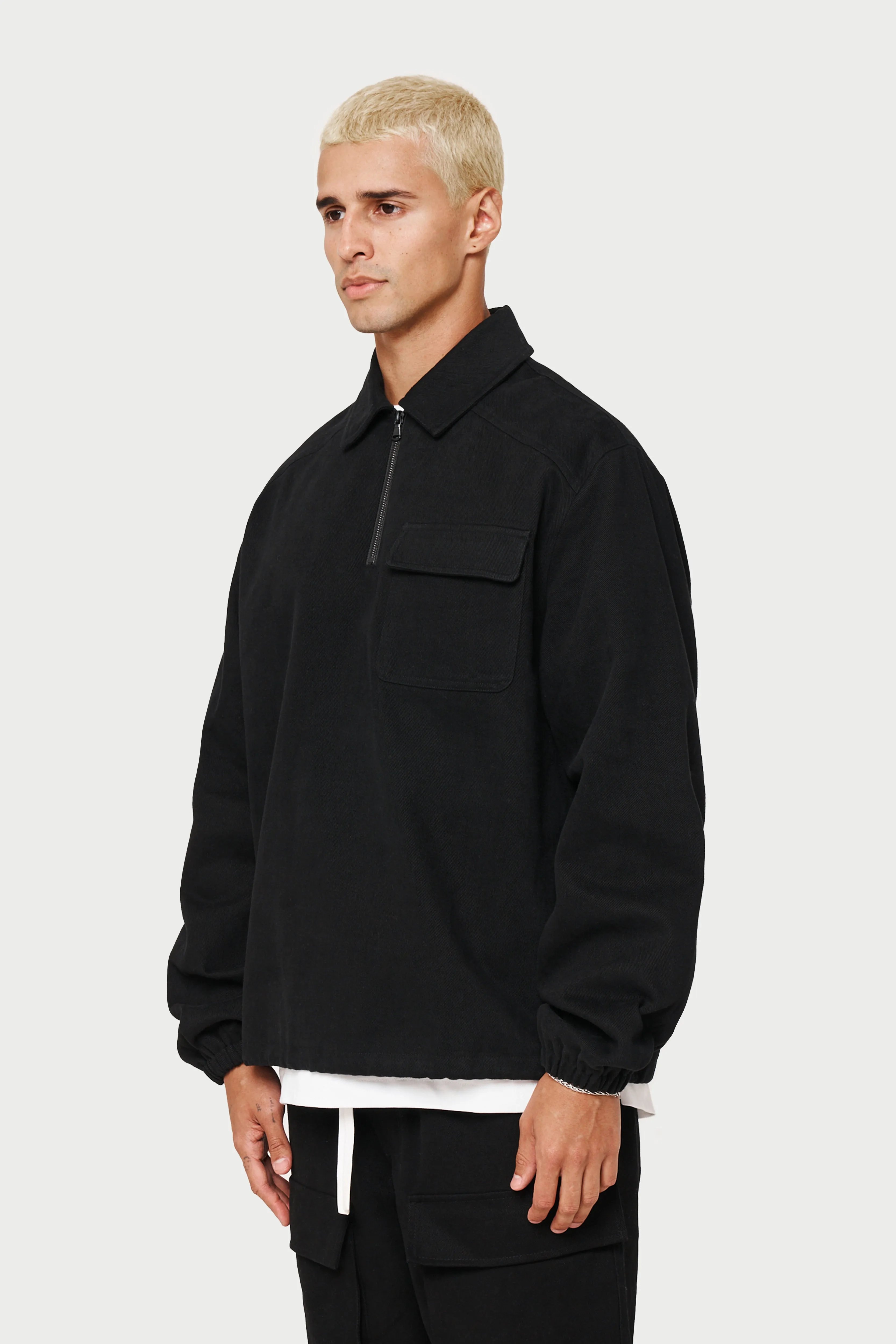 QUARTER ZIP PULL OVER SHACKET - BLACK