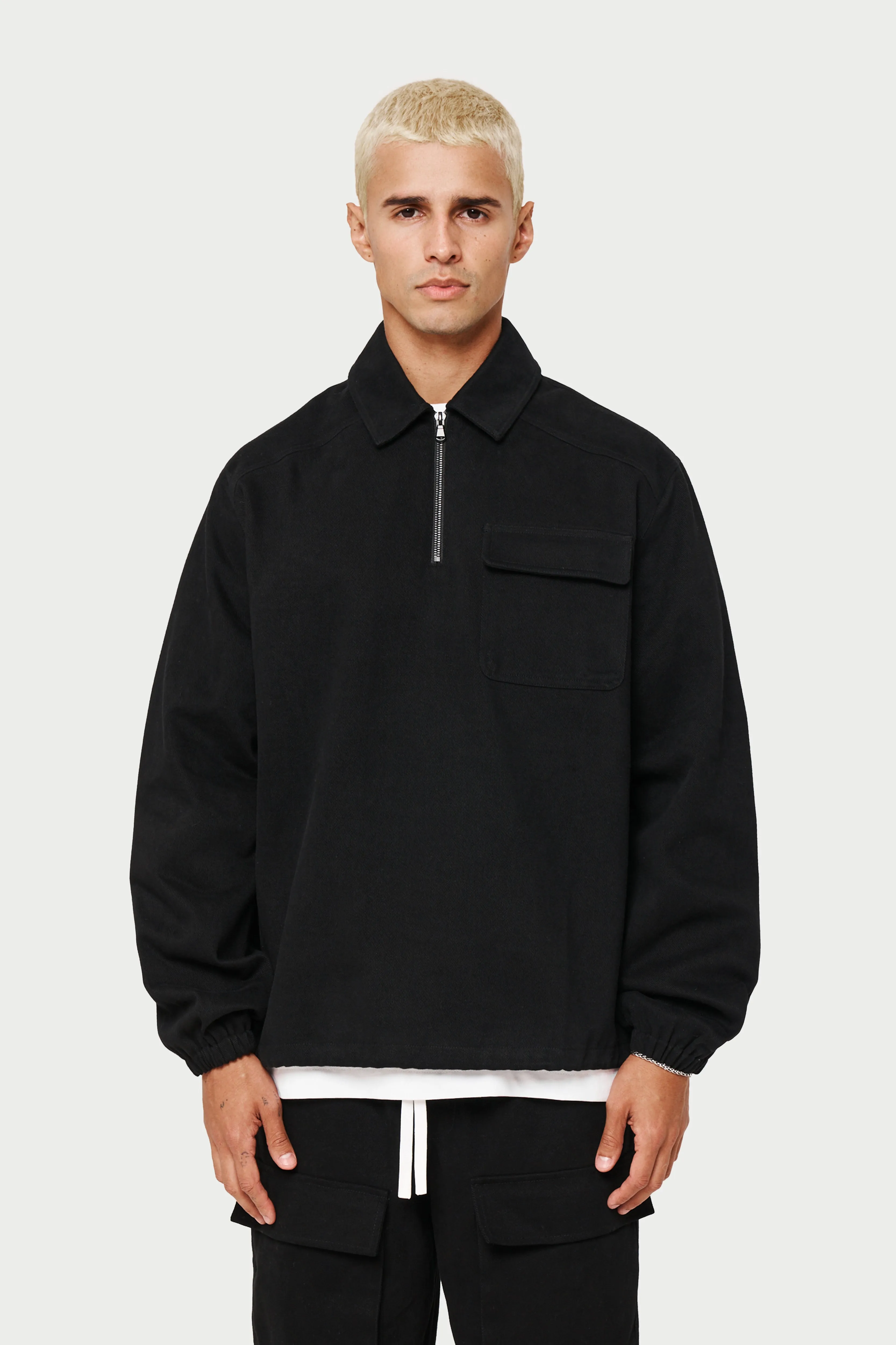 QUARTER ZIP PULL OVER SHACKET - BLACK