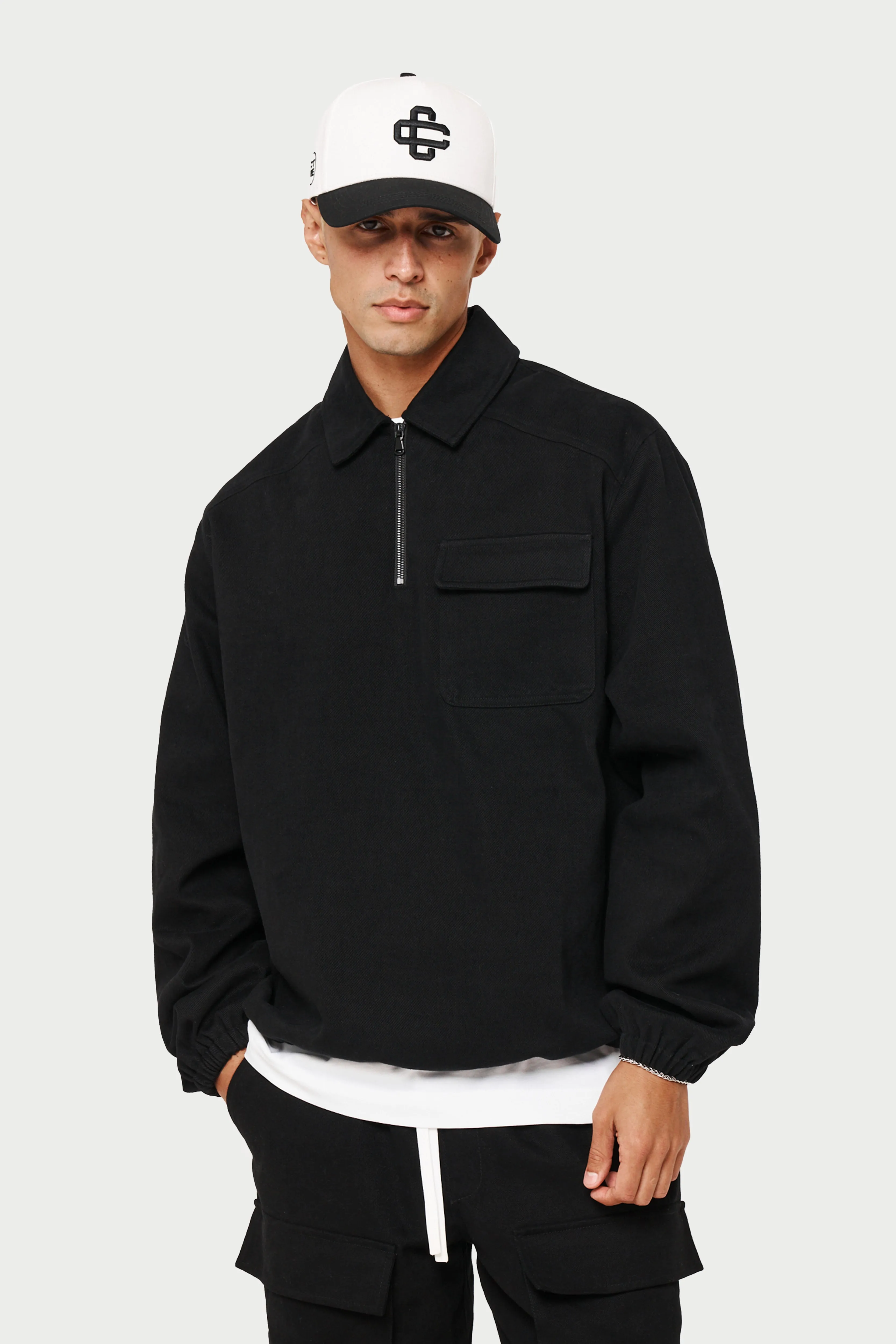 QUARTER ZIP PULL OVER SHACKET - BLACK