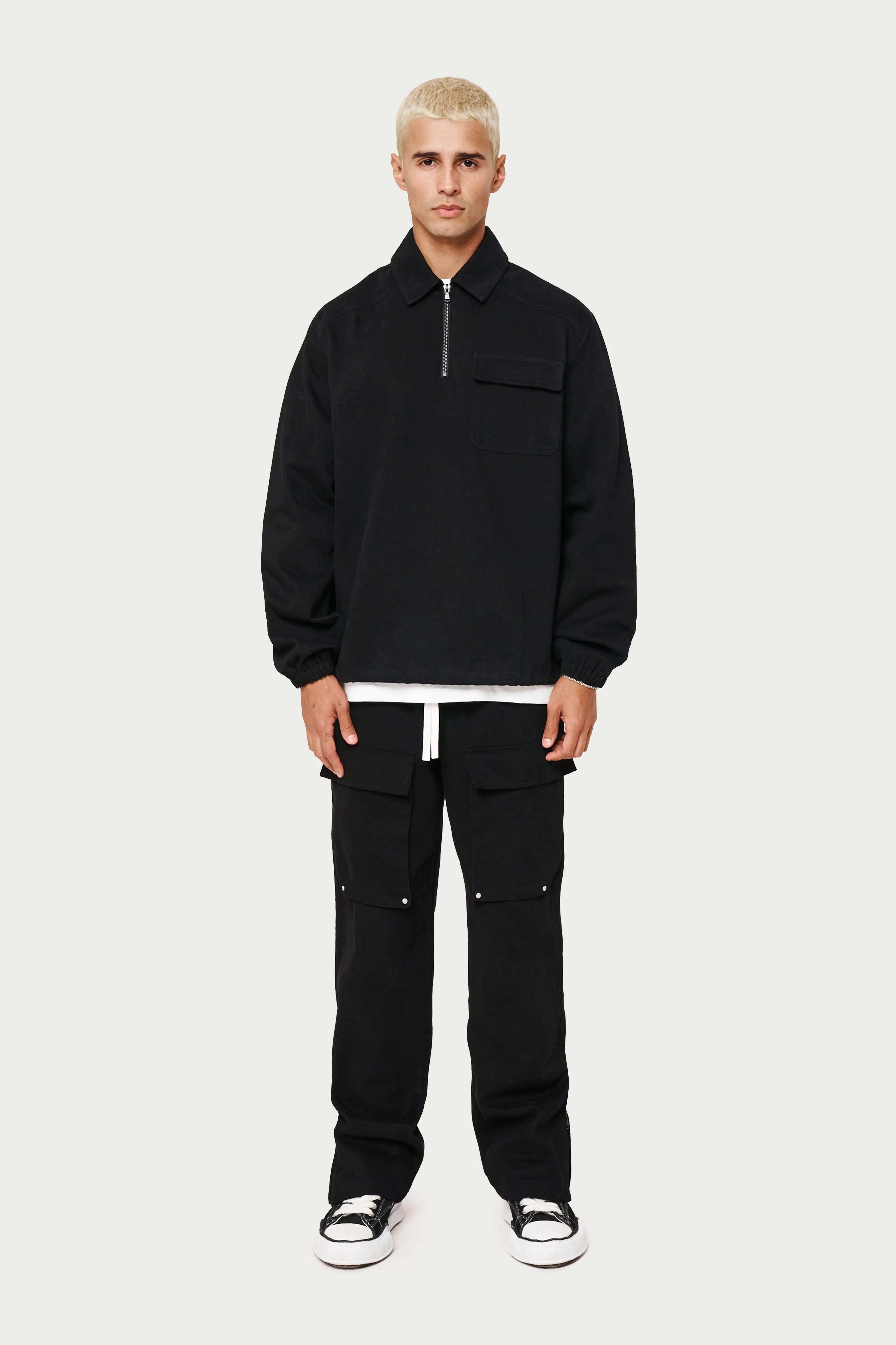 QUARTER ZIP PULL OVER SHACKET - BLACK