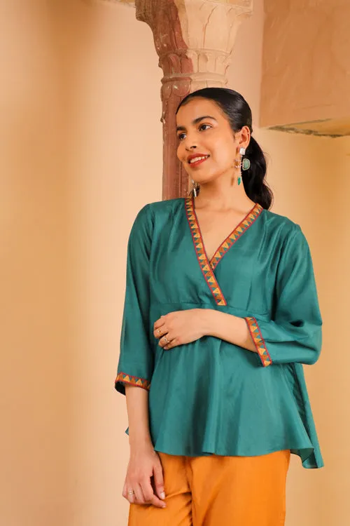 Rangsutra Juhi Teal Green Peplum Top With Crewel Embroidery