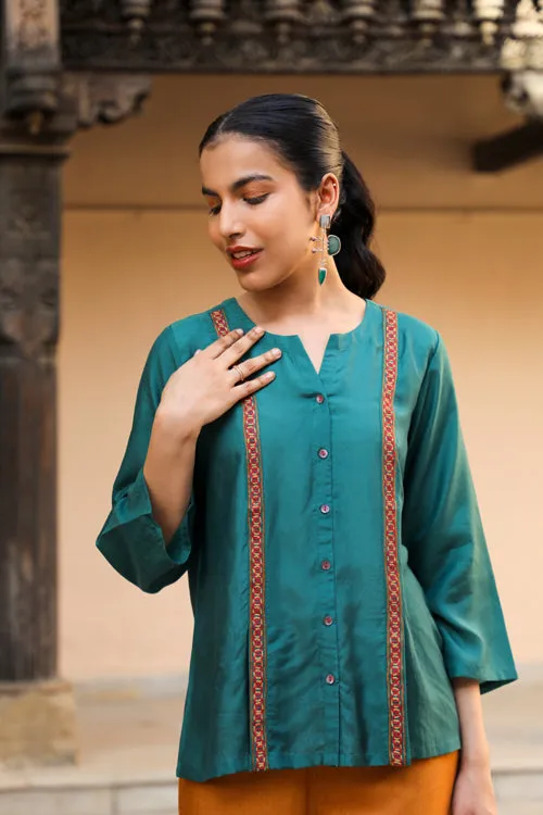 Rangsutra Juhi Teal Green Shirt With Crewel Embroidery