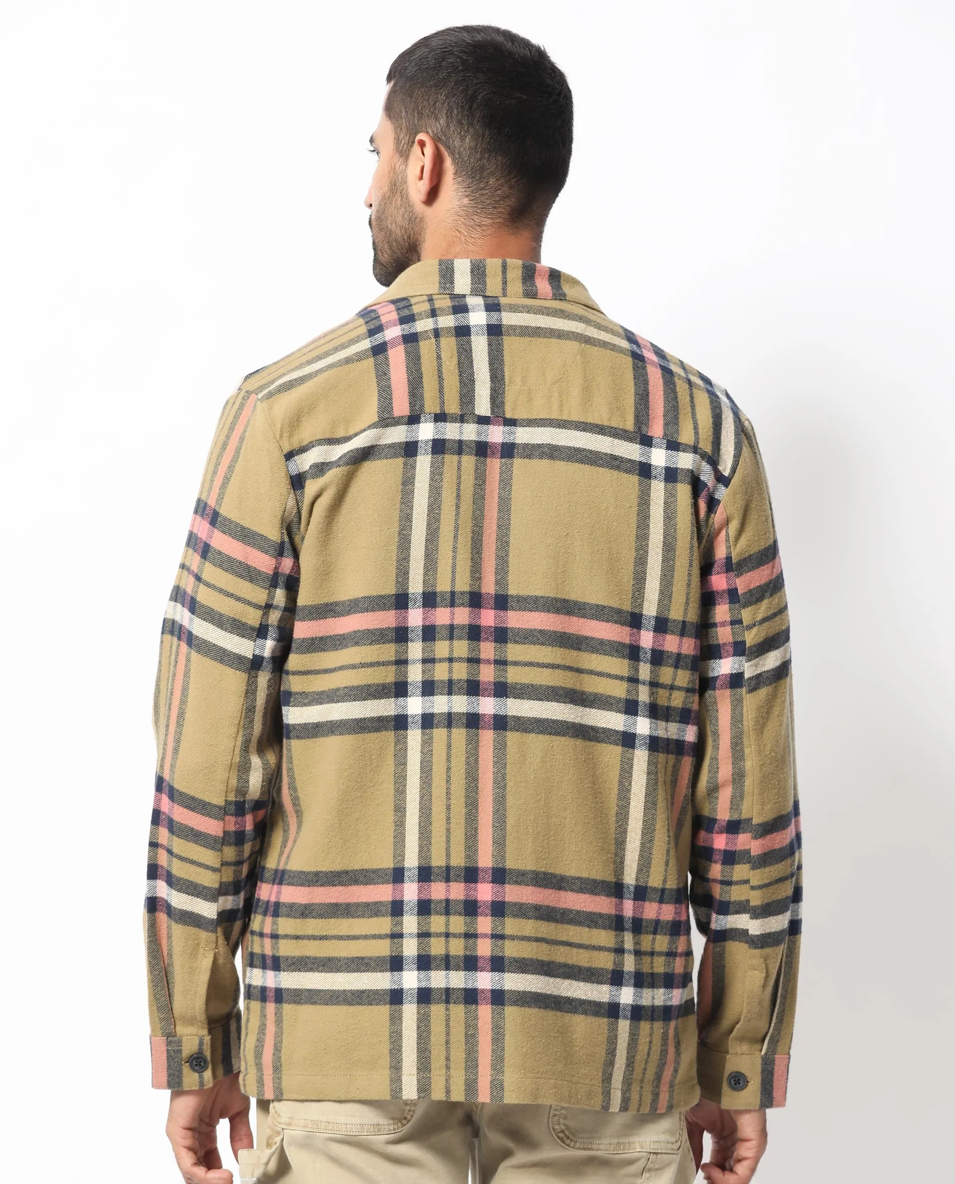 Rare Rabbit Men's Estro Light Green Cotton Fabric Full Sleeves Button Closure Twill Checks Shacket