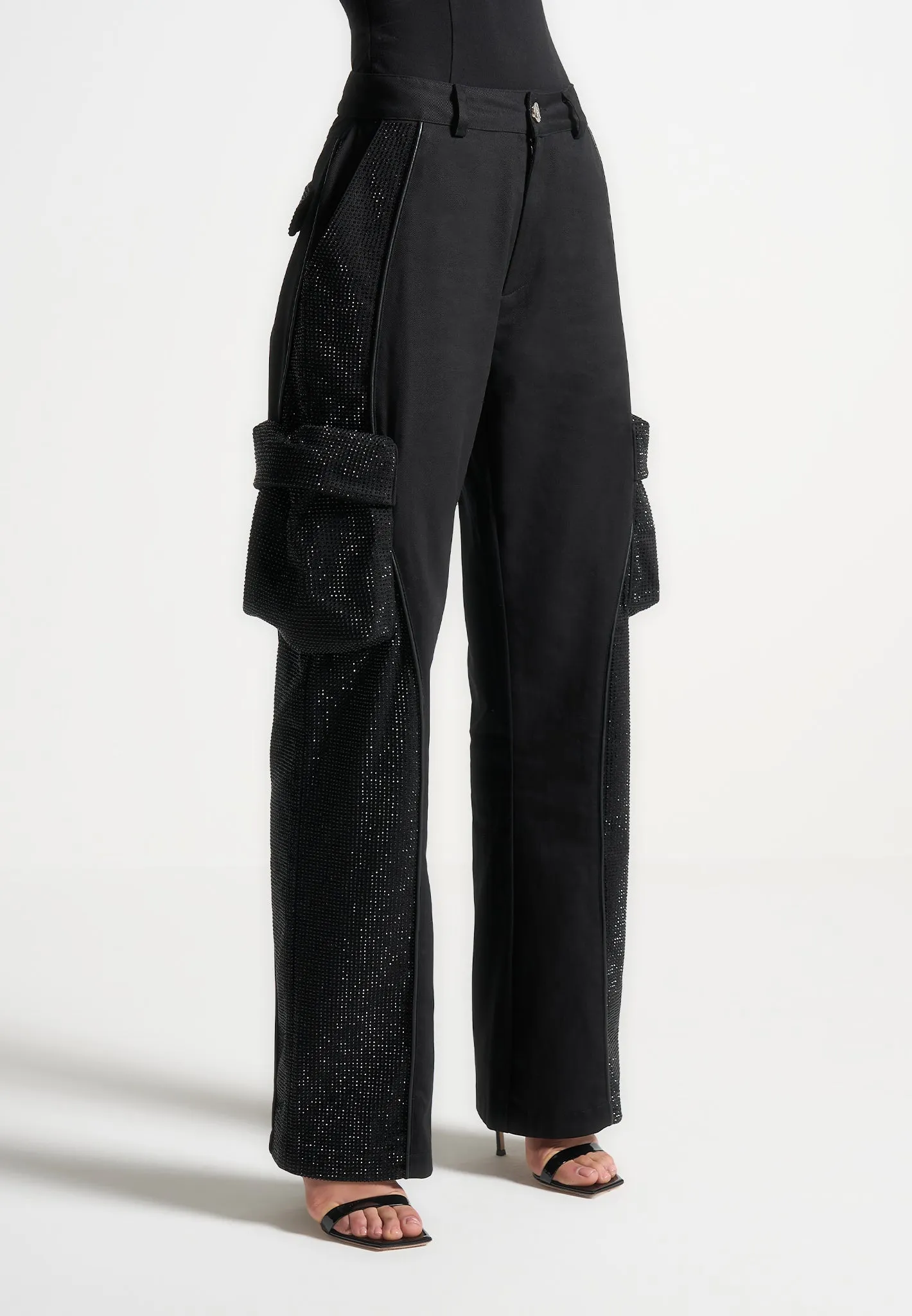 Rhinestone Contour Cargo Pants - Black