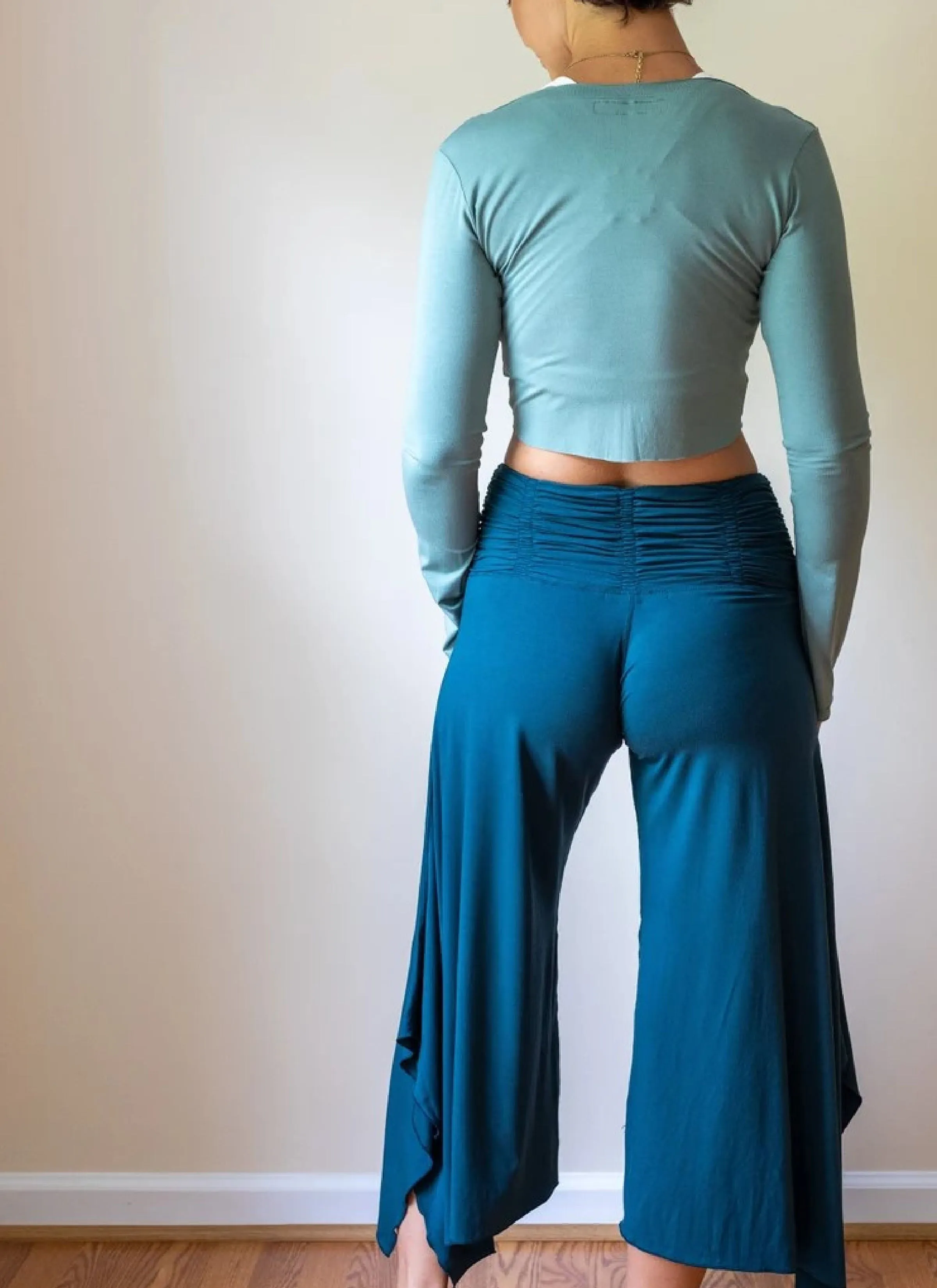 Ruched Waistband Wide Leg Gaucho Pants in Dark Teal