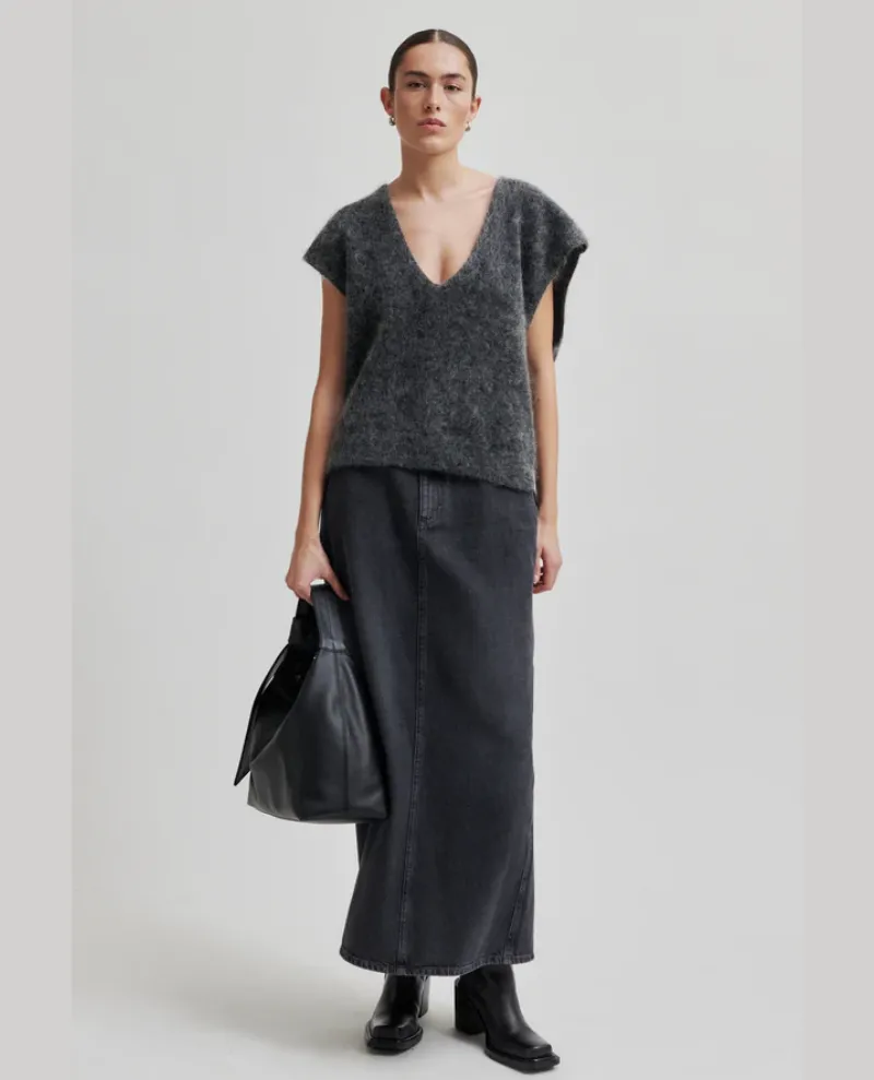 Second Female Andorra Grey Denim Maxi Skirt