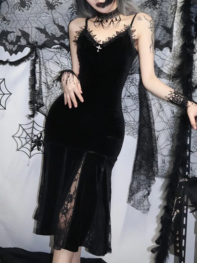 Sexy Strap Black Velvet Backless Cross Lace Patchwork Maxi Gothic Spaghetti Gown