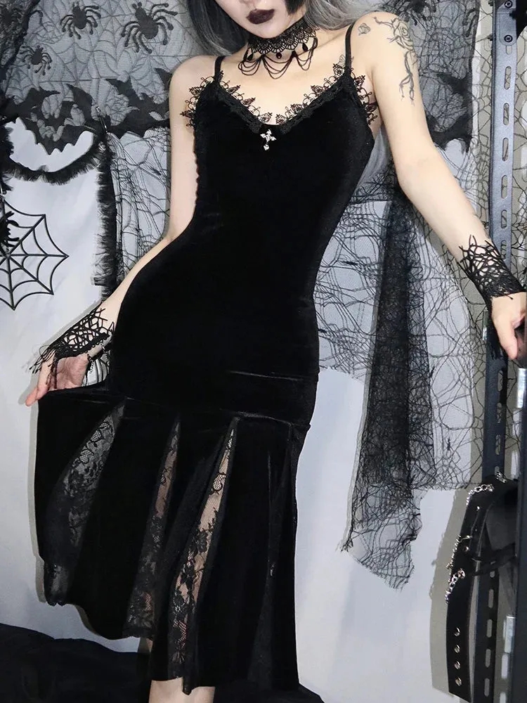 Sexy Strap Black Velvet Backless Cross Lace Patchwork Maxi Gothic Spaghetti Gown