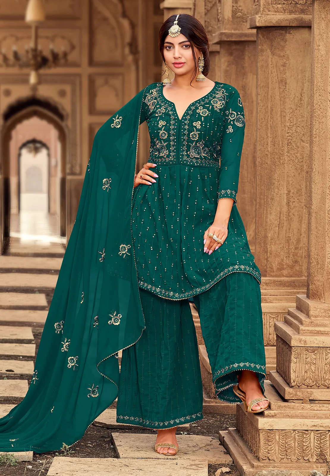 Sharara Set in Teal Green Beautifully Embroidered Suit