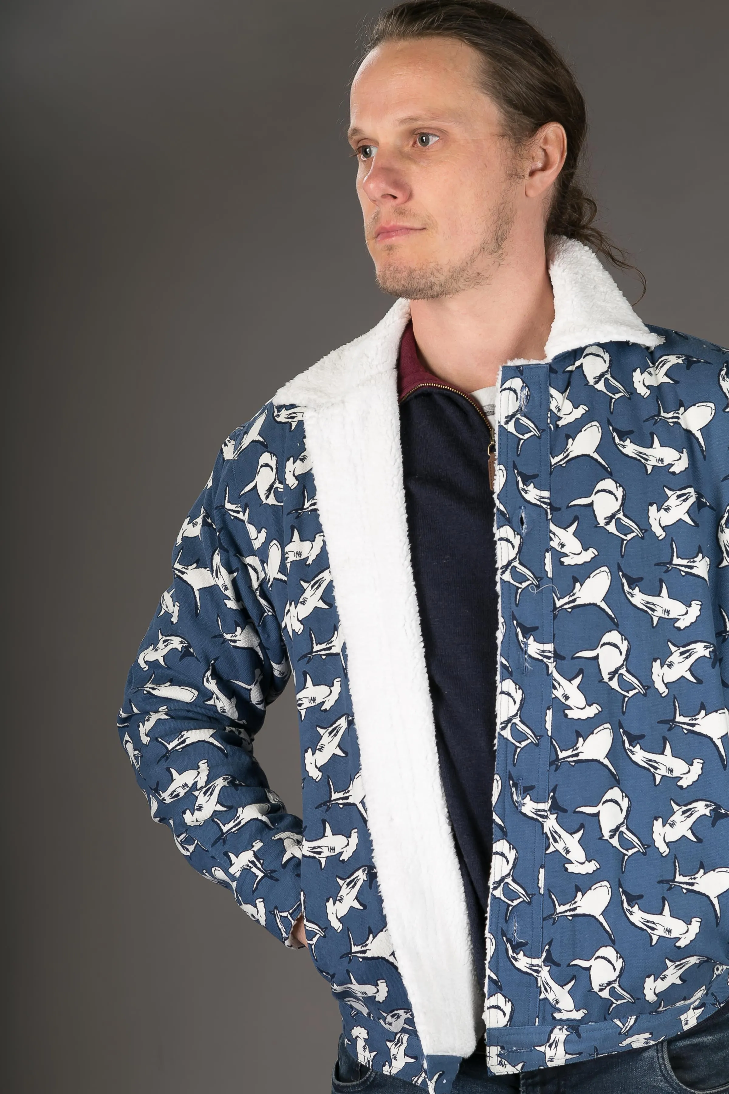 Shark Print Canvas Cotton Mens Winter Jacket Shearling Lining