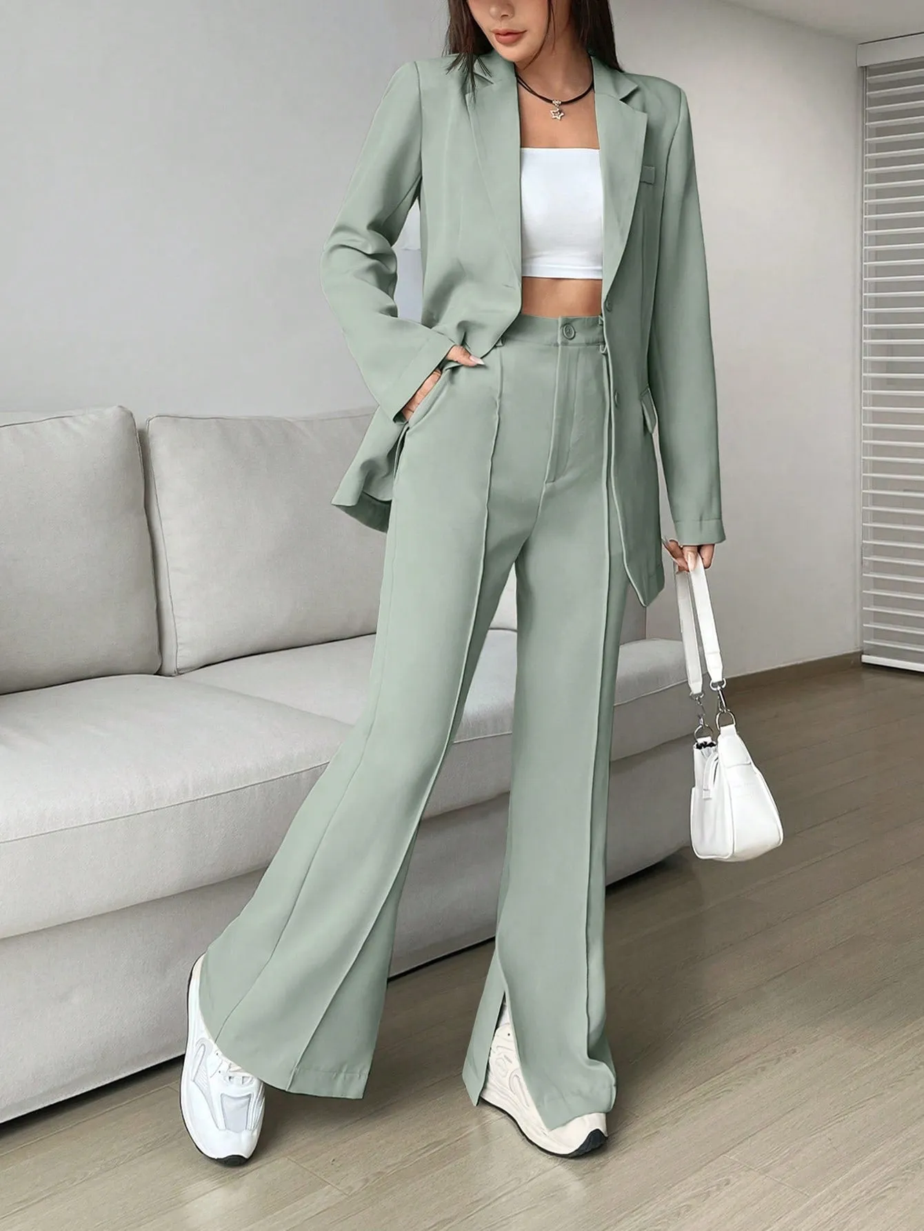 SHEIN EZwear Ladies' Single-breasted Long Suit Jacket And Slit Suit Pants Set