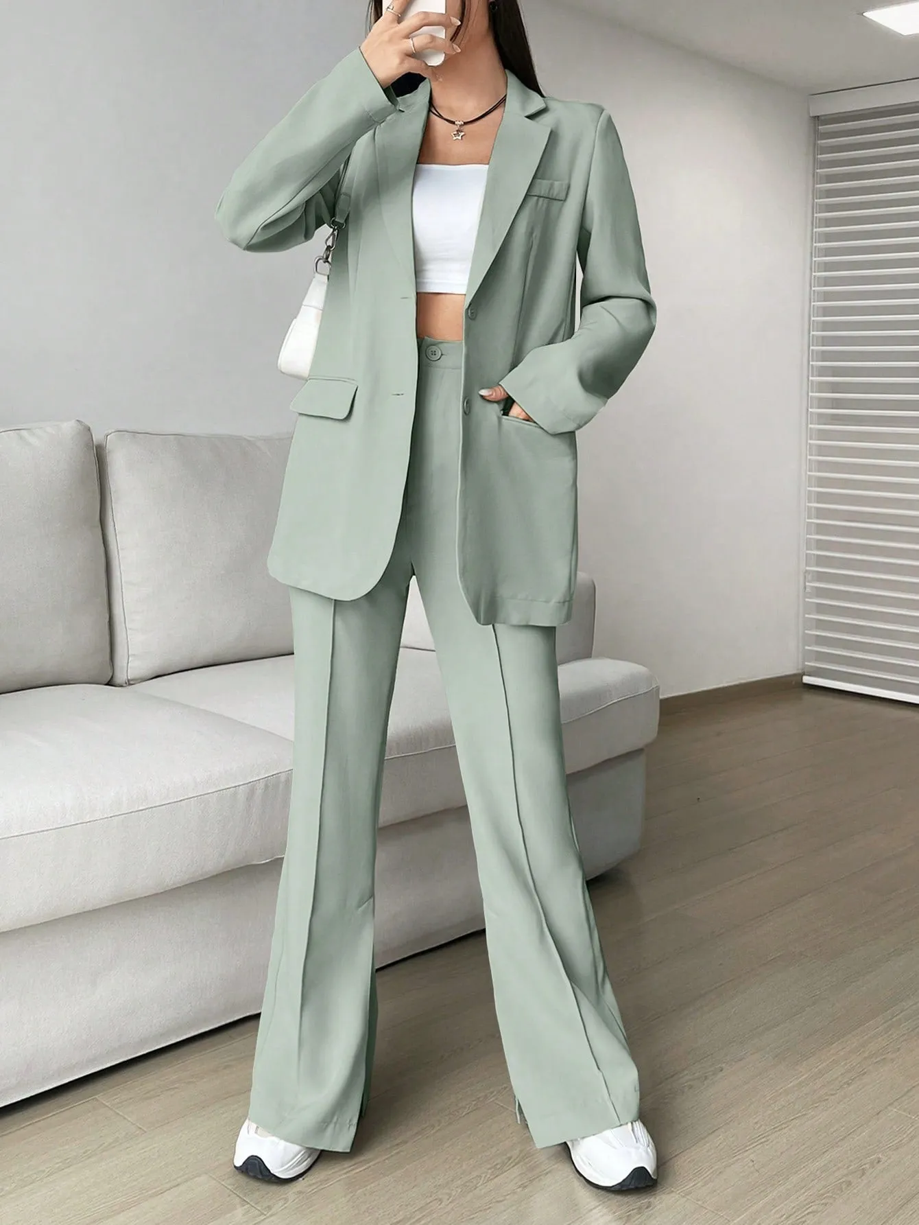 SHEIN EZwear Ladies' Single-breasted Long Suit Jacket And Slit Suit Pants Set