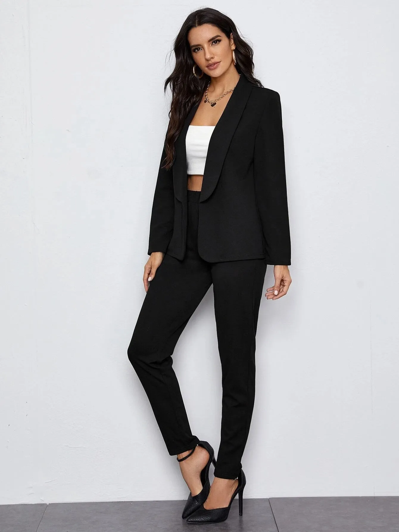 SHEIN Felegant Shawl Collar Open Front Blazer and Slant Pocket Pants Set