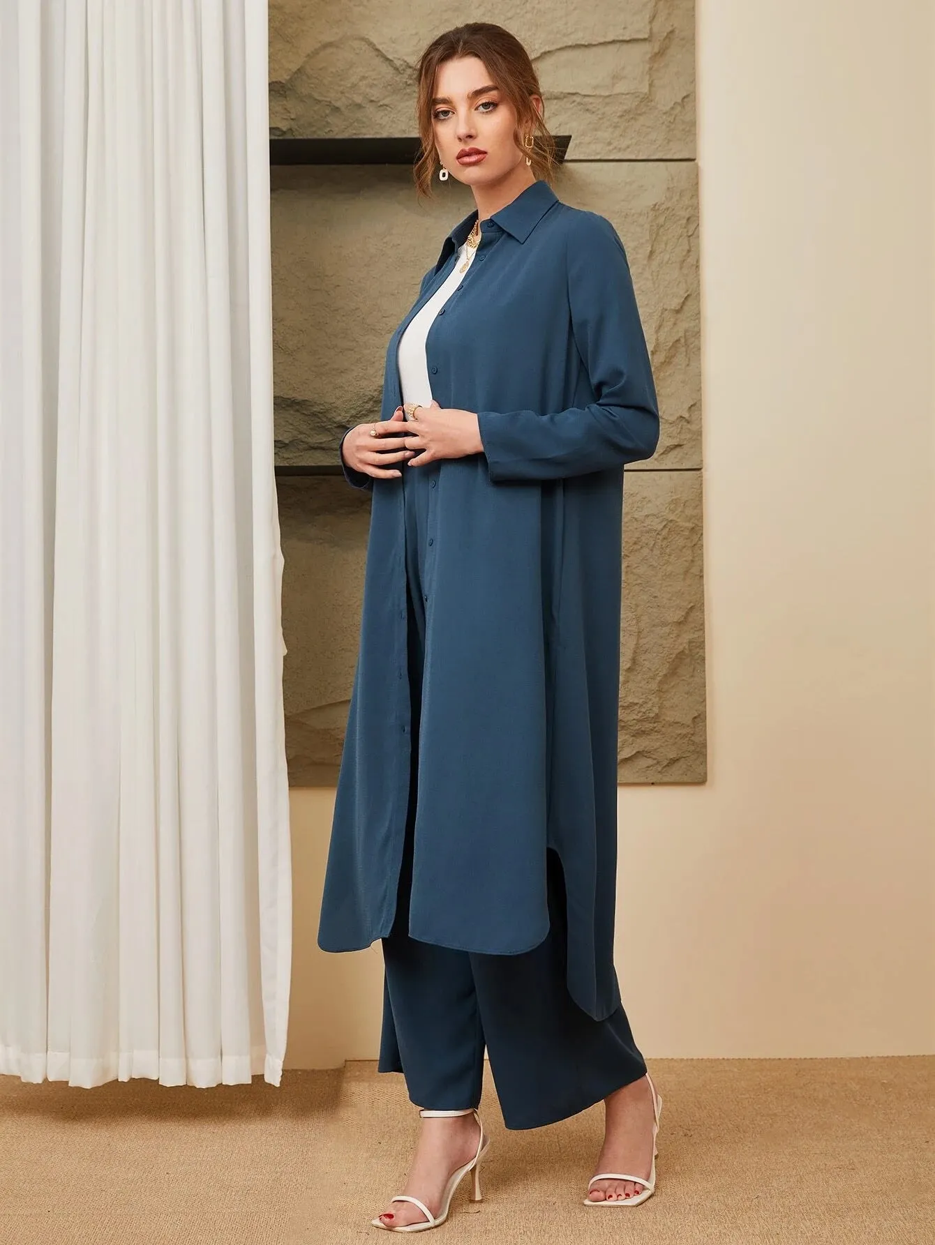 SHEIN Mulvari Button Front Coat & Wide Leg Pants