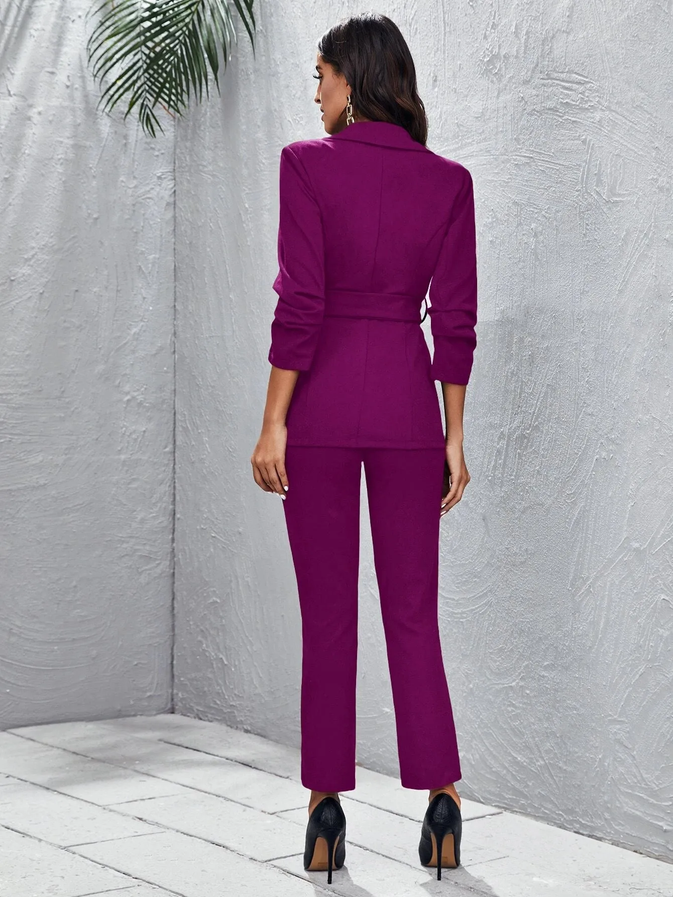 SHEIN Privé Peak Collar Buckle Belted Blazer and Split Hem Pants Set