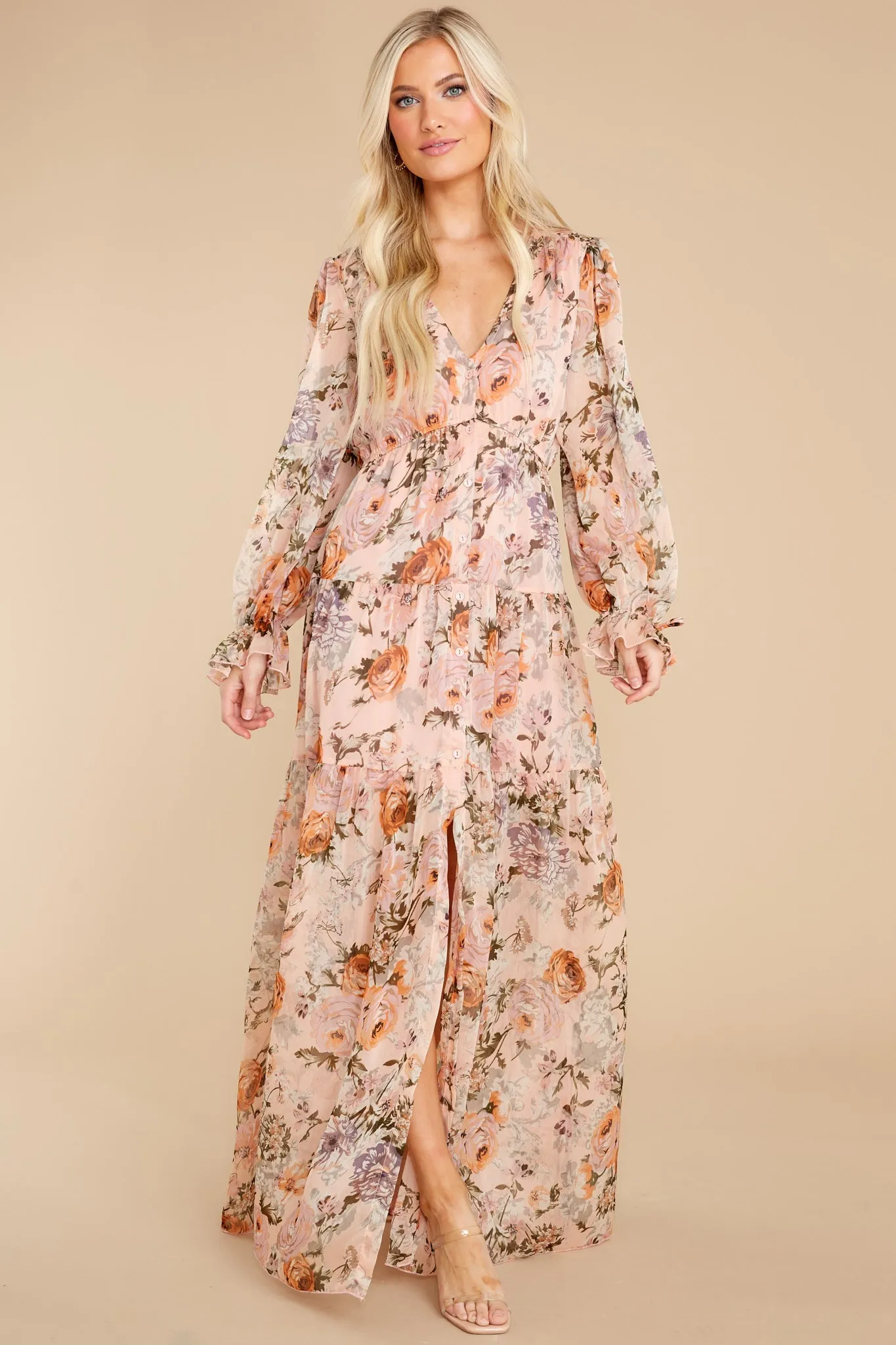 Showing Off Peach Floral Print Maxi Dress