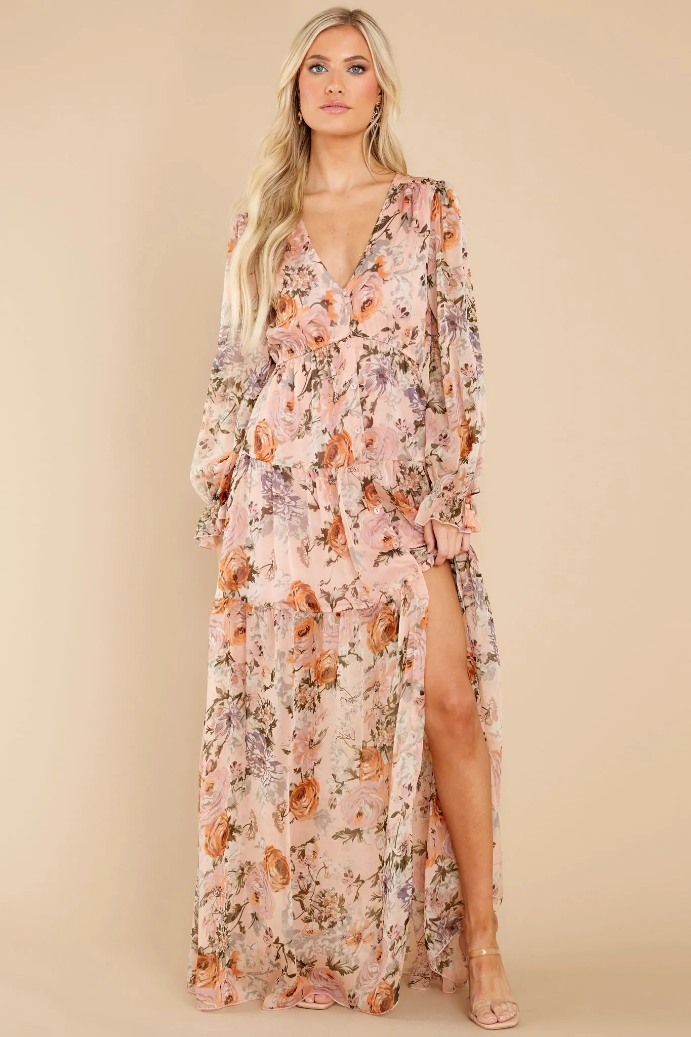 Showing Off Peach Floral Print Maxi Dress