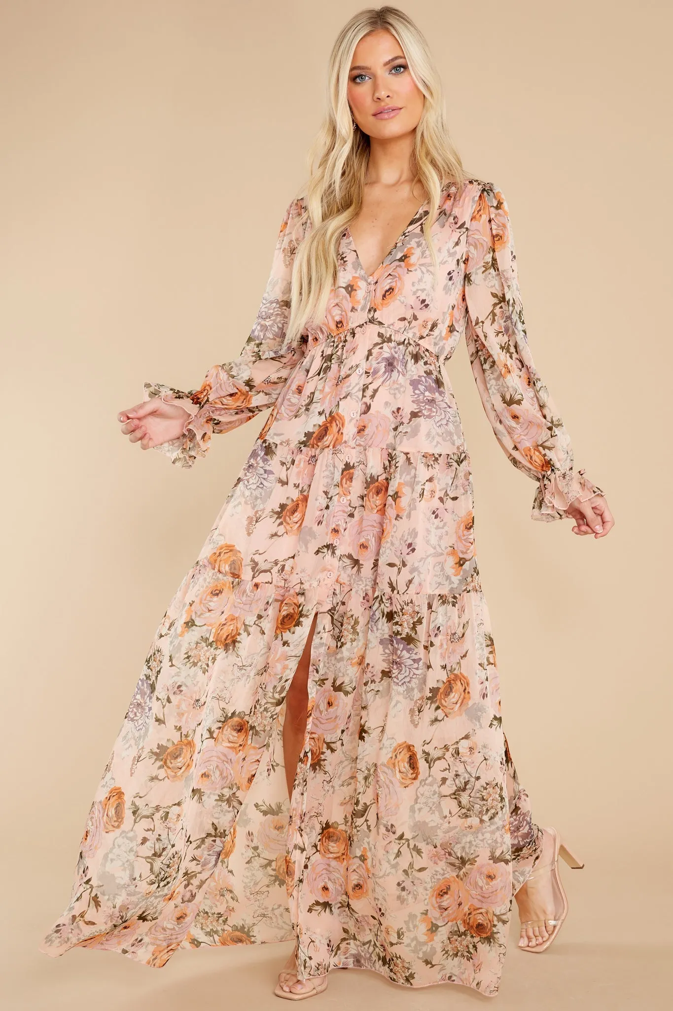 Showing Off Peach Floral Print Maxi Dress