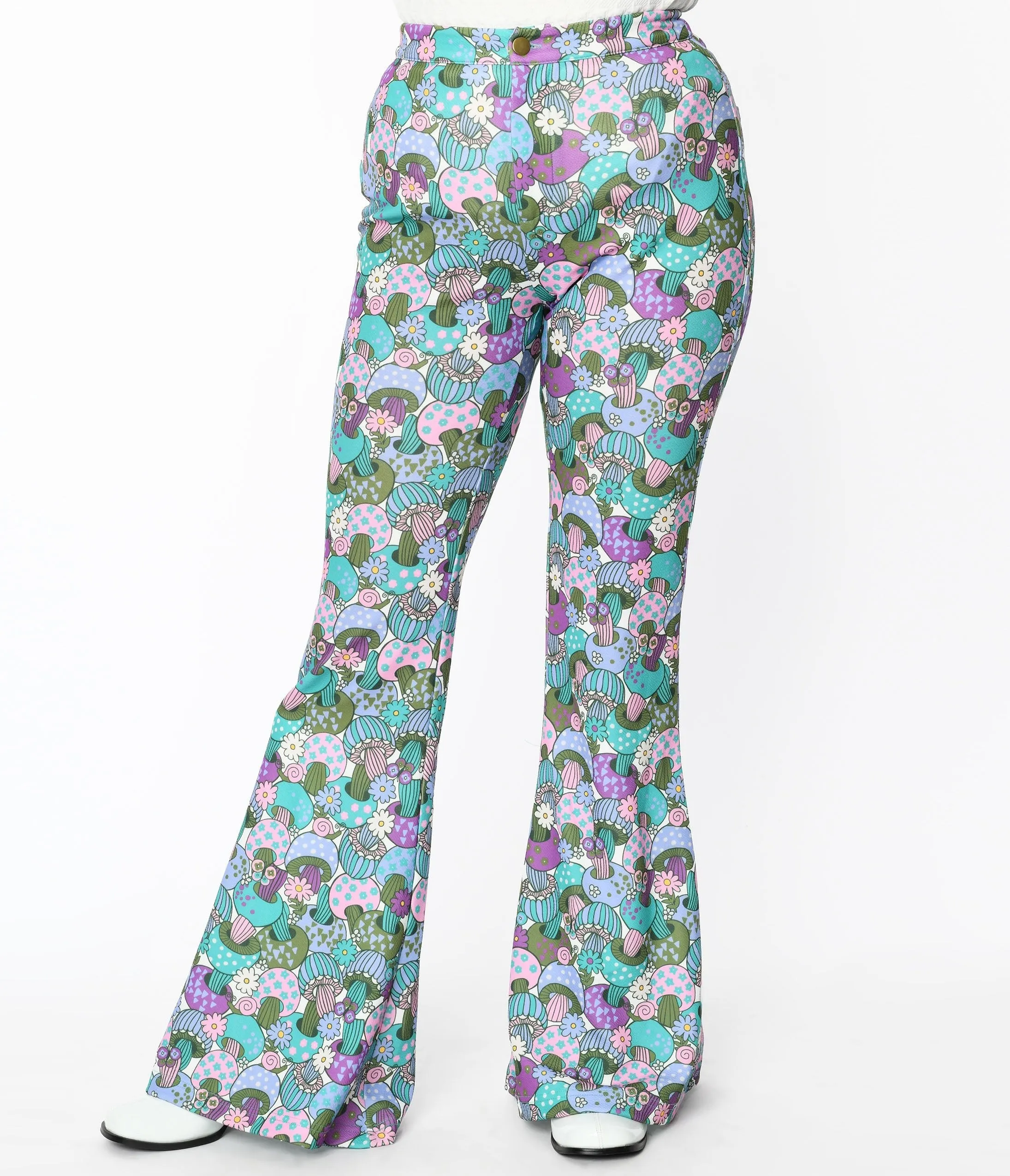 Smak Parlour 1970s Teal Groovy Mushrooms Find Your Flare Pants