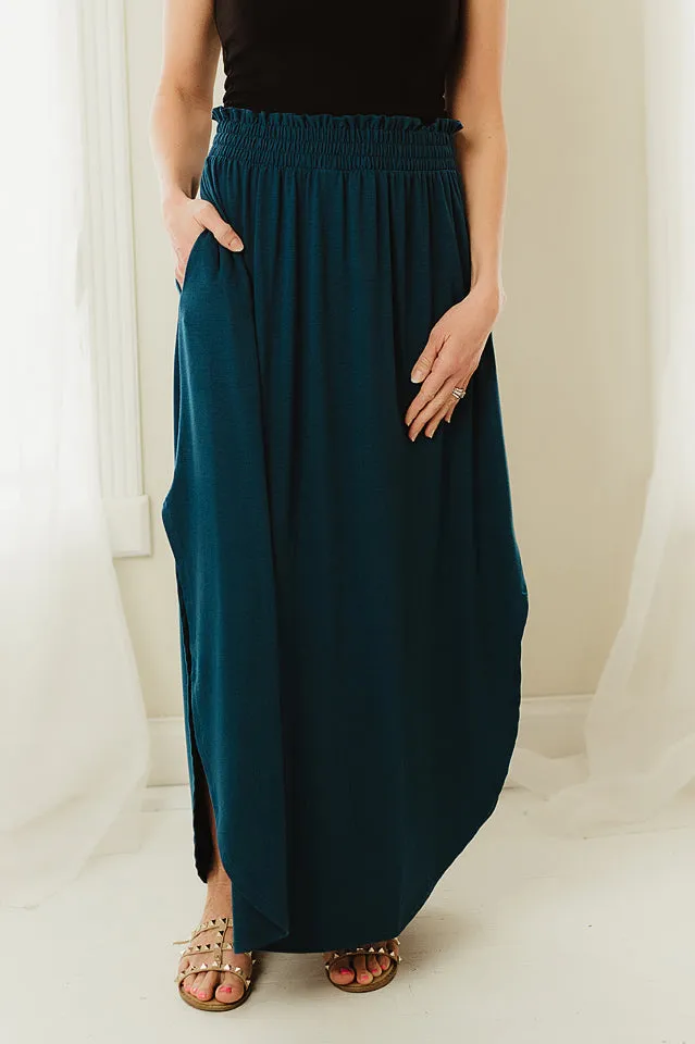 Smocked Waist Side Slit Maxi Skirt