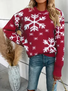 Snowflake Jacquard Crew Neck Knitted Sweater - Elegant, Soft, Long Sleeve Pullover for Fall & Winter, Women's Clothing with Classic Design and Cozy Fabric