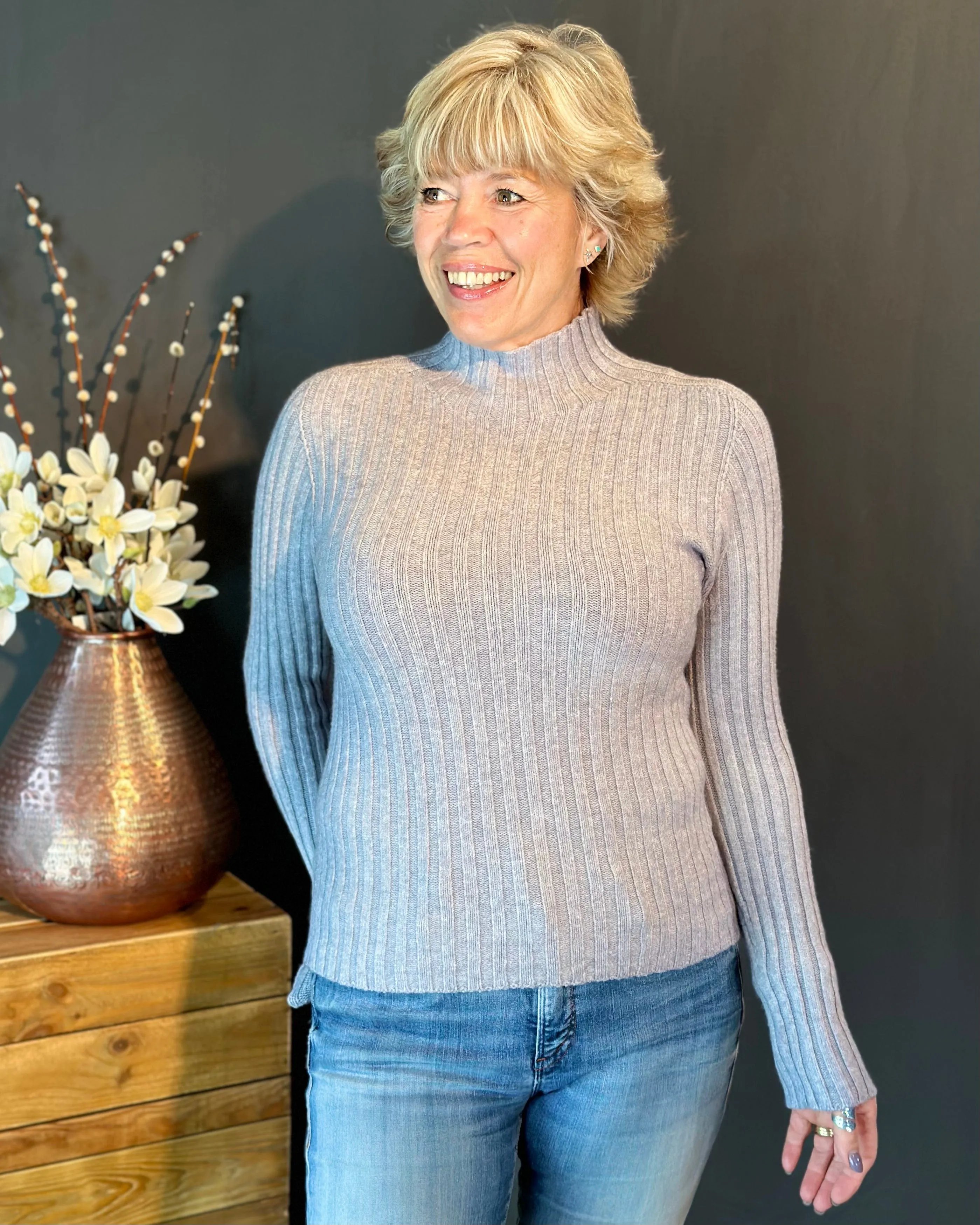 Soft Knit Turtle Neck Ribbed Jumper - Grey