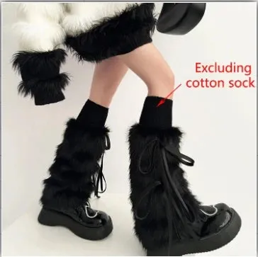 Sohiwoo Kawaii Bow Knot Leg Warmers Thickened Imitation Rabbit Fur Women Leggings Boots Cover Lolita Punk Harajuku Party Accessories