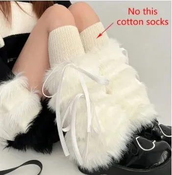 Sohiwoo Kawaii Bow Knot Leg Warmers Thickened Imitation Rabbit Fur Women Leggings Boots Cover Lolita Punk Harajuku Party Accessories