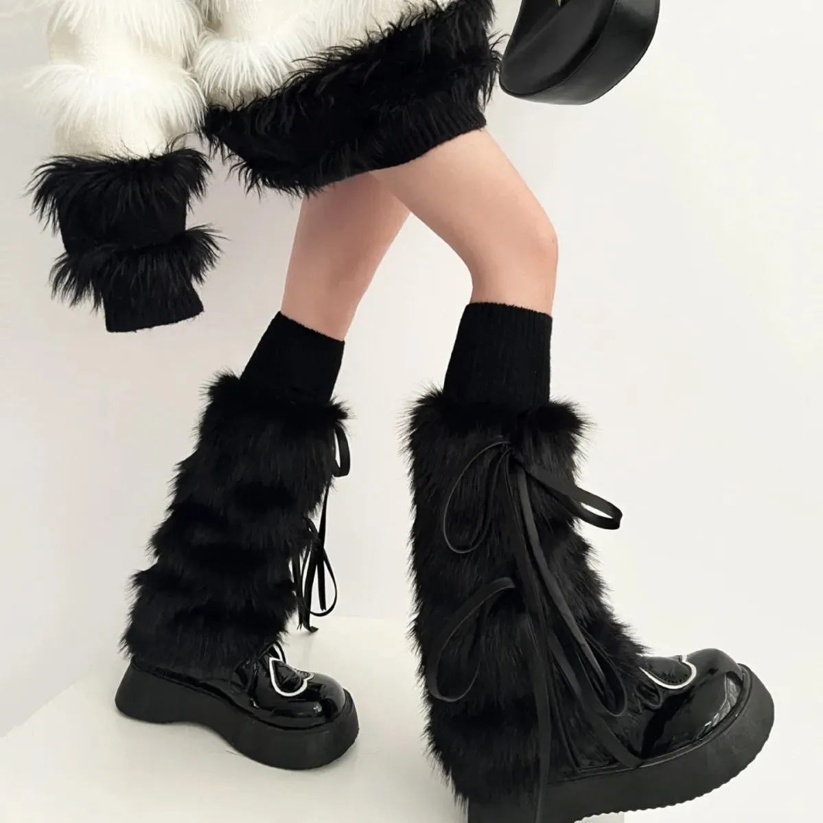 Sohiwoo Kawaii Bow Knot Leg Warmers Thickened Imitation Rabbit Fur Women Leggings Boots Cover Lolita Punk Harajuku Party Accessories