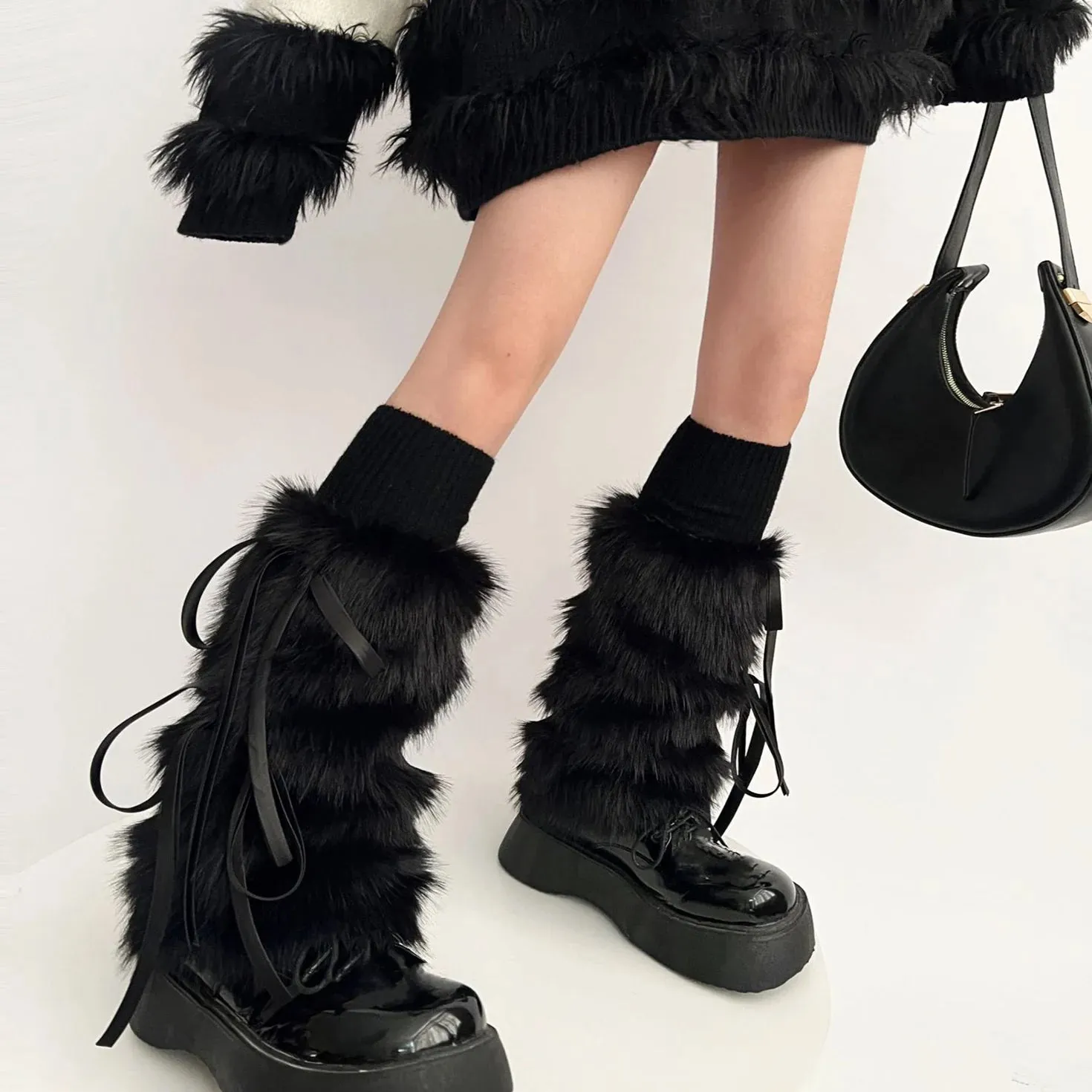 Sohiwoo Kawaii Bow Knot Leg Warmers Thickened Imitation Rabbit Fur Women Leggings Boots Cover Lolita Punk Harajuku Party Accessories