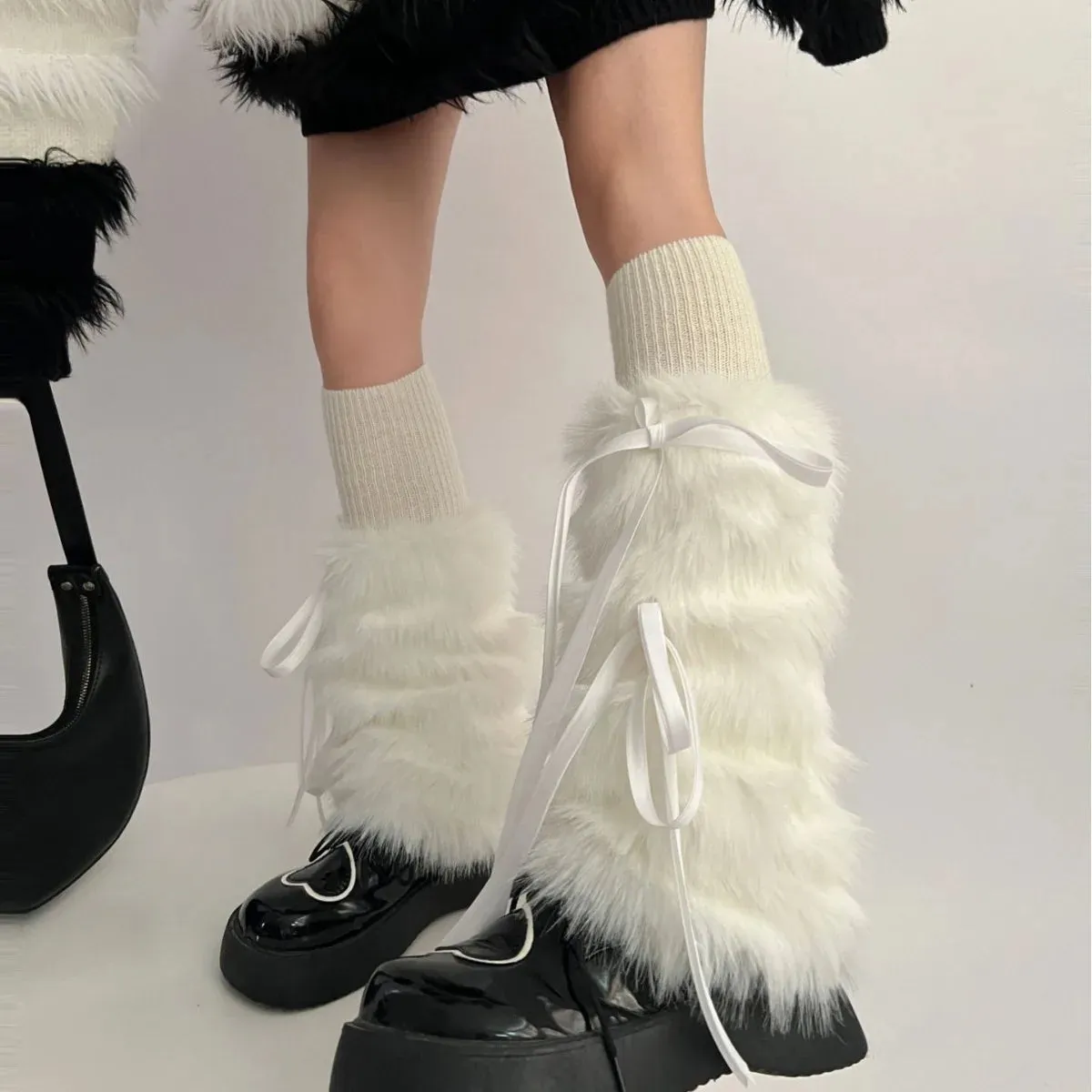 Sohiwoo Kawaii Bow Knot Leg Warmers Thickened Imitation Rabbit Fur Women Leggings Boots Cover Lolita Punk Harajuku Party Accessories