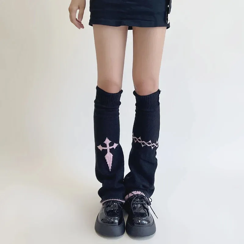 Sohiwoo New Leg Warmers Cross Chain Leg socks Y2k Japanese Punk Hot Girl Dark Women Harajuku Gothic Cable Knit Socks Cosplay Accessories