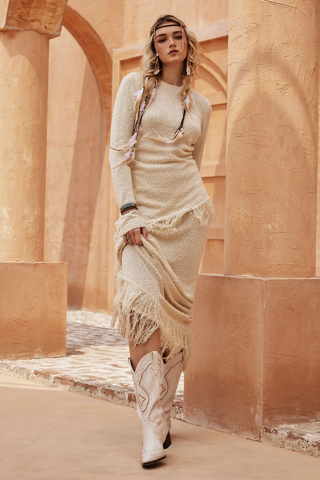 Solid Sweater Fringe Maxi Skirt