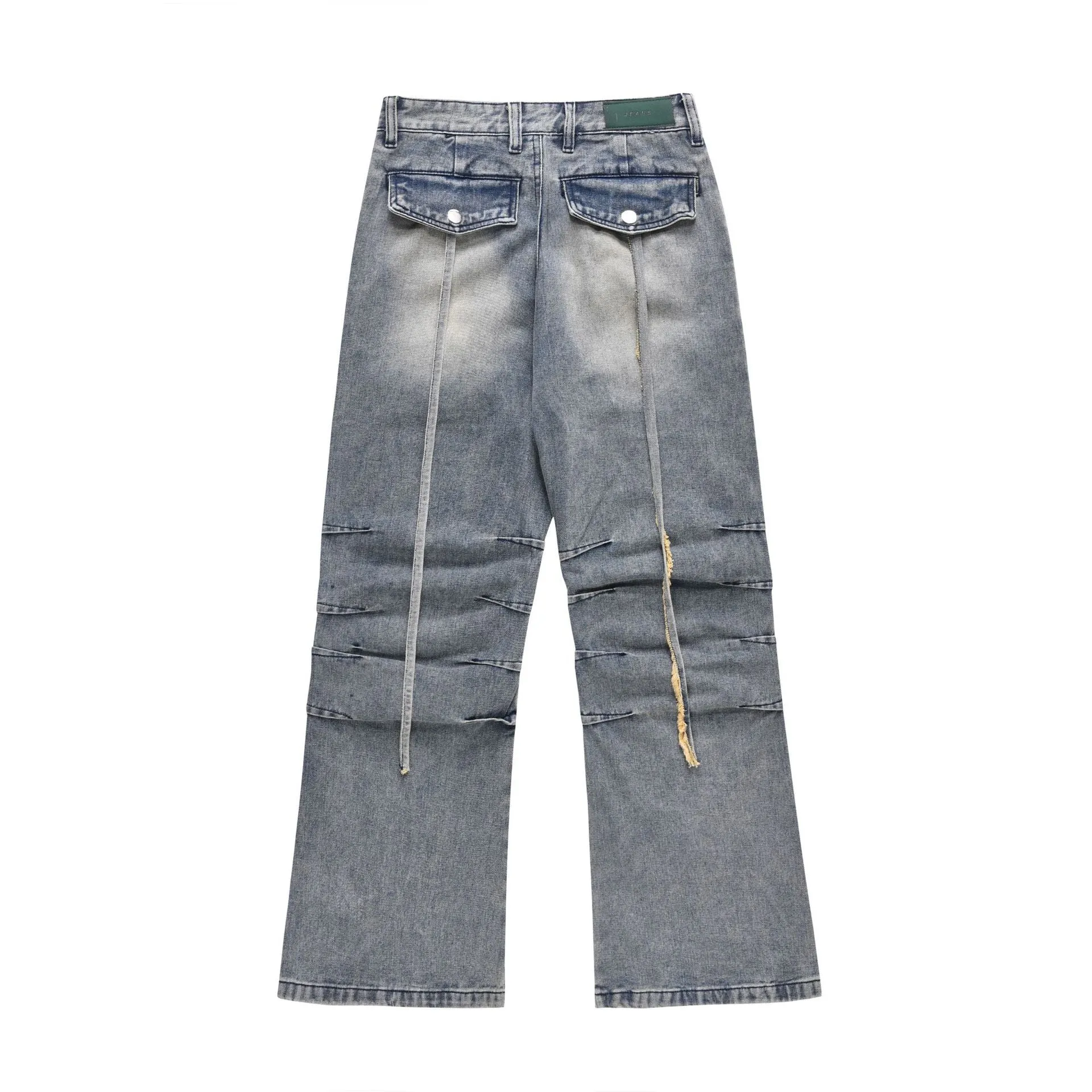 Street Retro Washed Pleated Slightly Flared Wide Leg Male Multipocket Denim Jeans