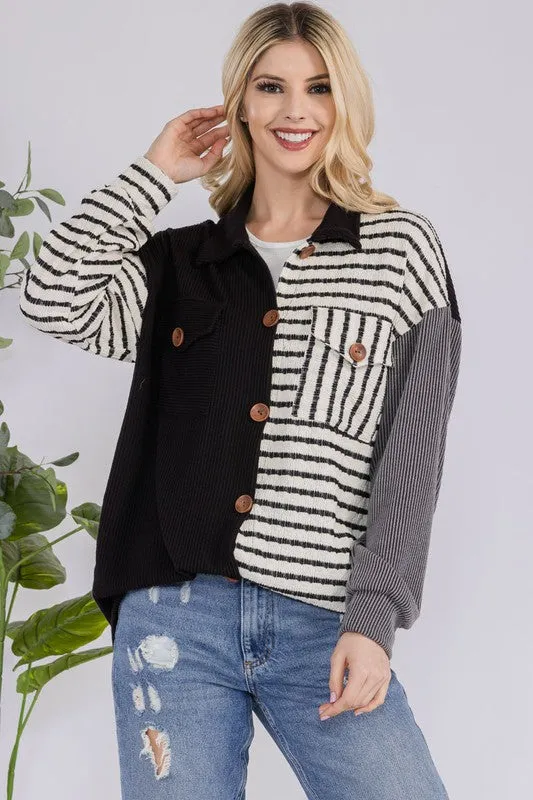 Striped Button Up Dropped Shoulder Shacket