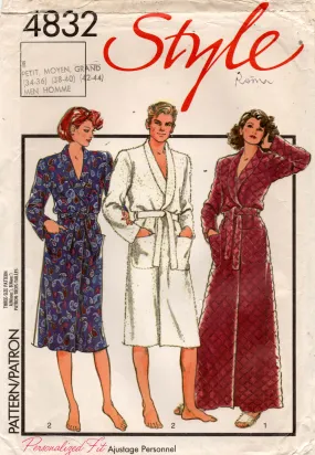 Style 4832 Mens Shawl Collar Robe Dressing Gown or Shave Coat 1980s Vintage Sewing Pattern Size Small/Med/Large UNCUT Factory Folded