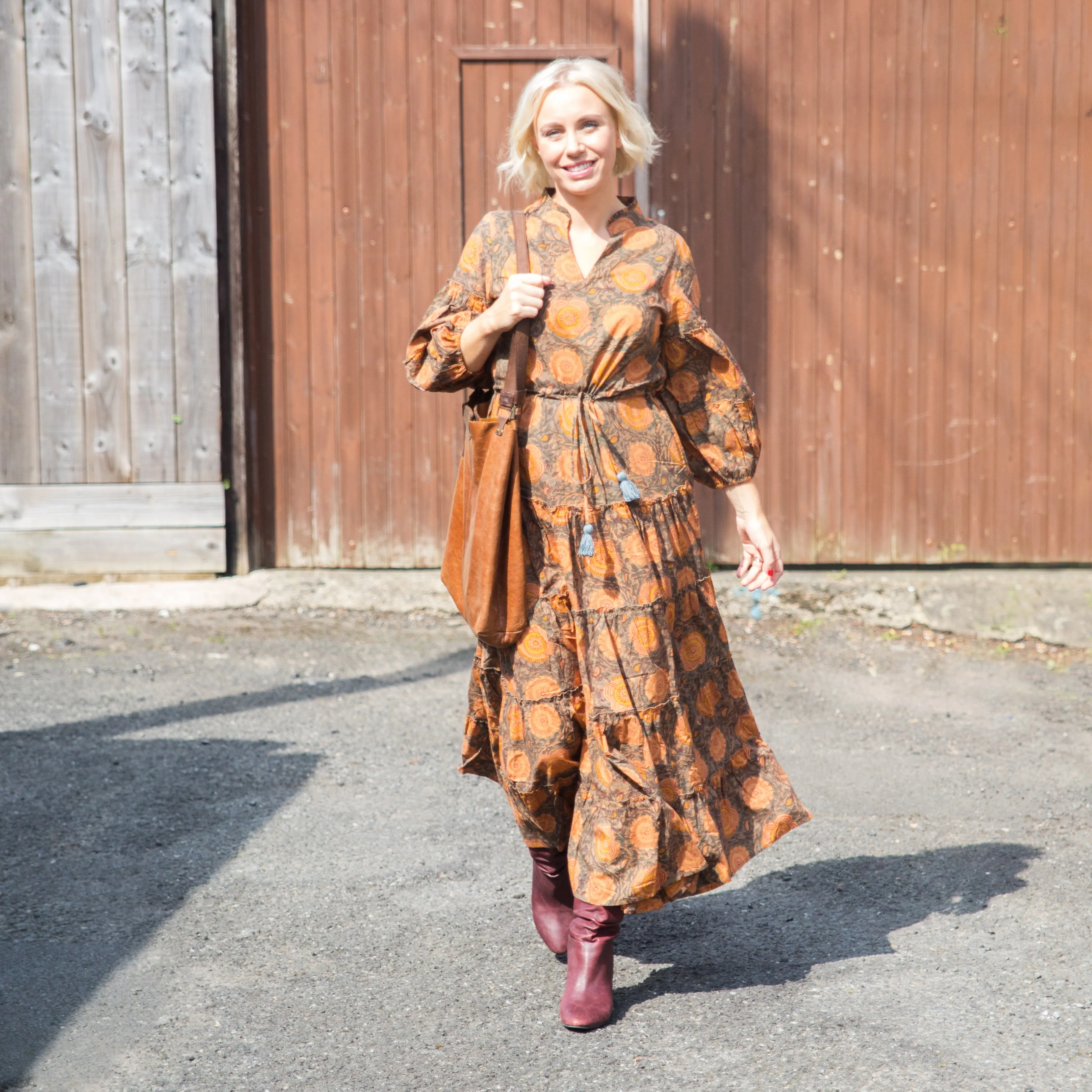 Suri Cotton Block Print Dress -  Grey & Coral