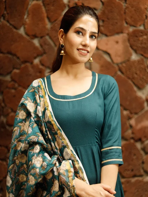 Teal Green Floral Block Printed Kurta Set (Set of 3)