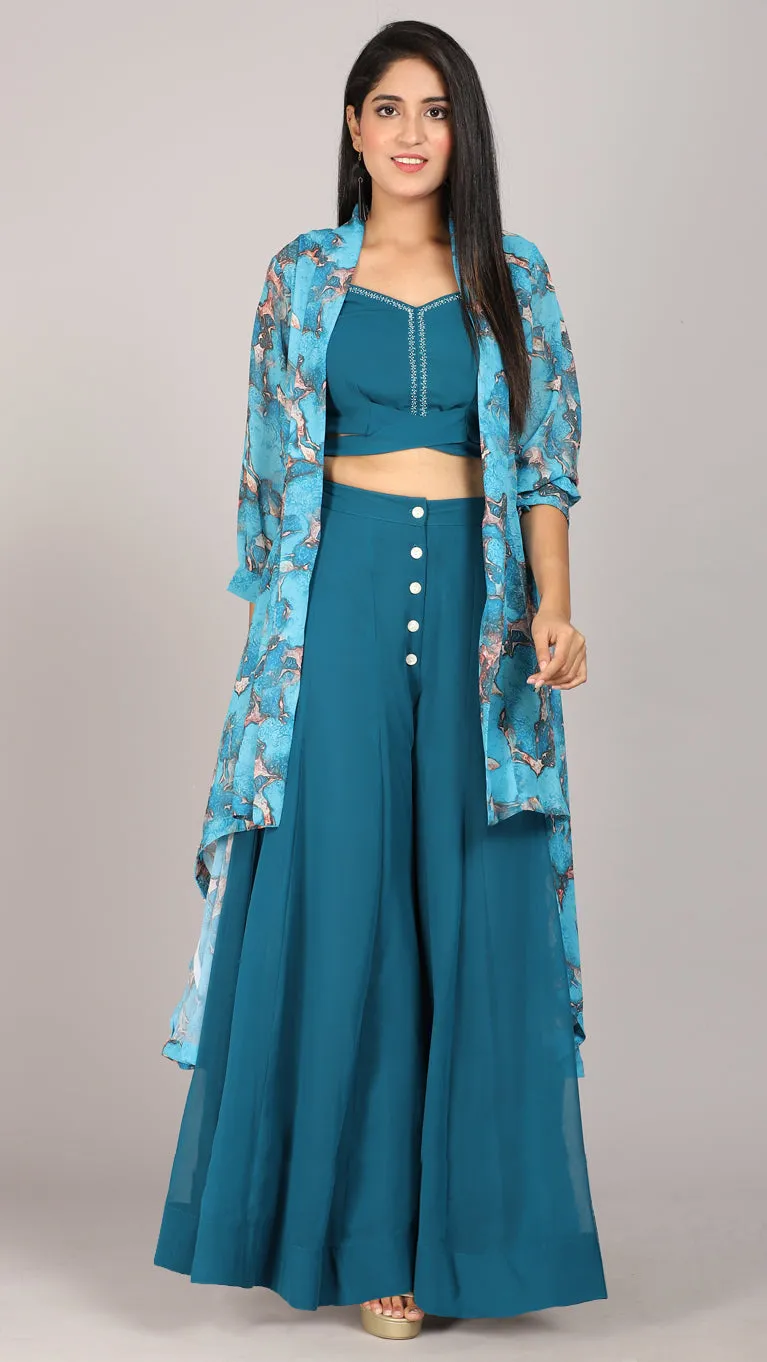 Teal printed 3 pcs co-ord set