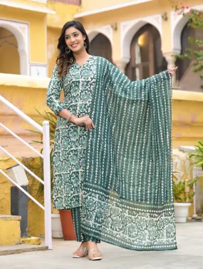 Teal Viscose Straight Cut Printed Kurta Pant Set with Chanderi Cotton Dupatta