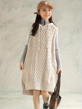 Tween Girl's Sleeveless Thick Knitted Hooded Sweater Dress For Autumn And Winter