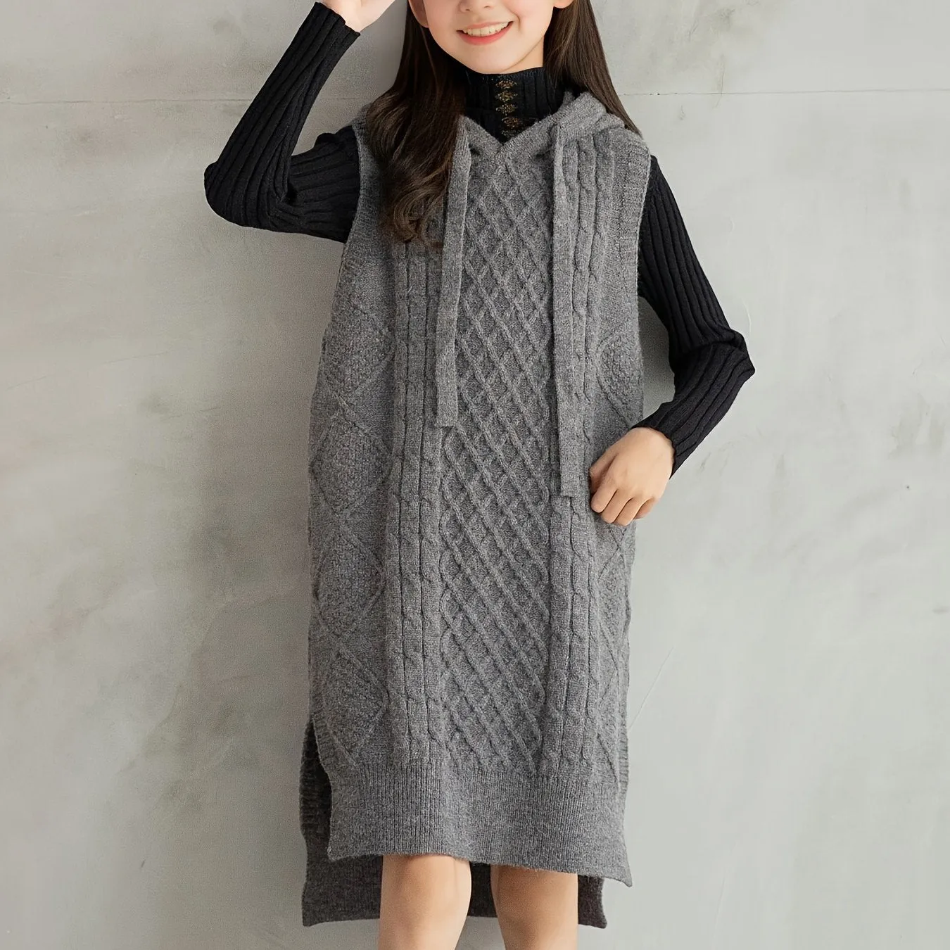 Tween Girl's Sleeveless Thick Knitted Hooded Sweater Dress For Autumn And Winter