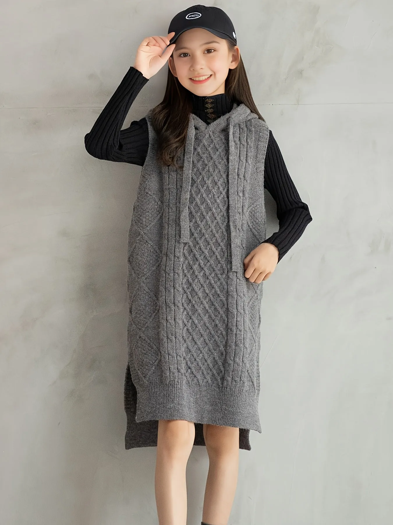 Tween Girl's Sleeveless Thick Knitted Hooded Sweater Dress For Autumn And Winter