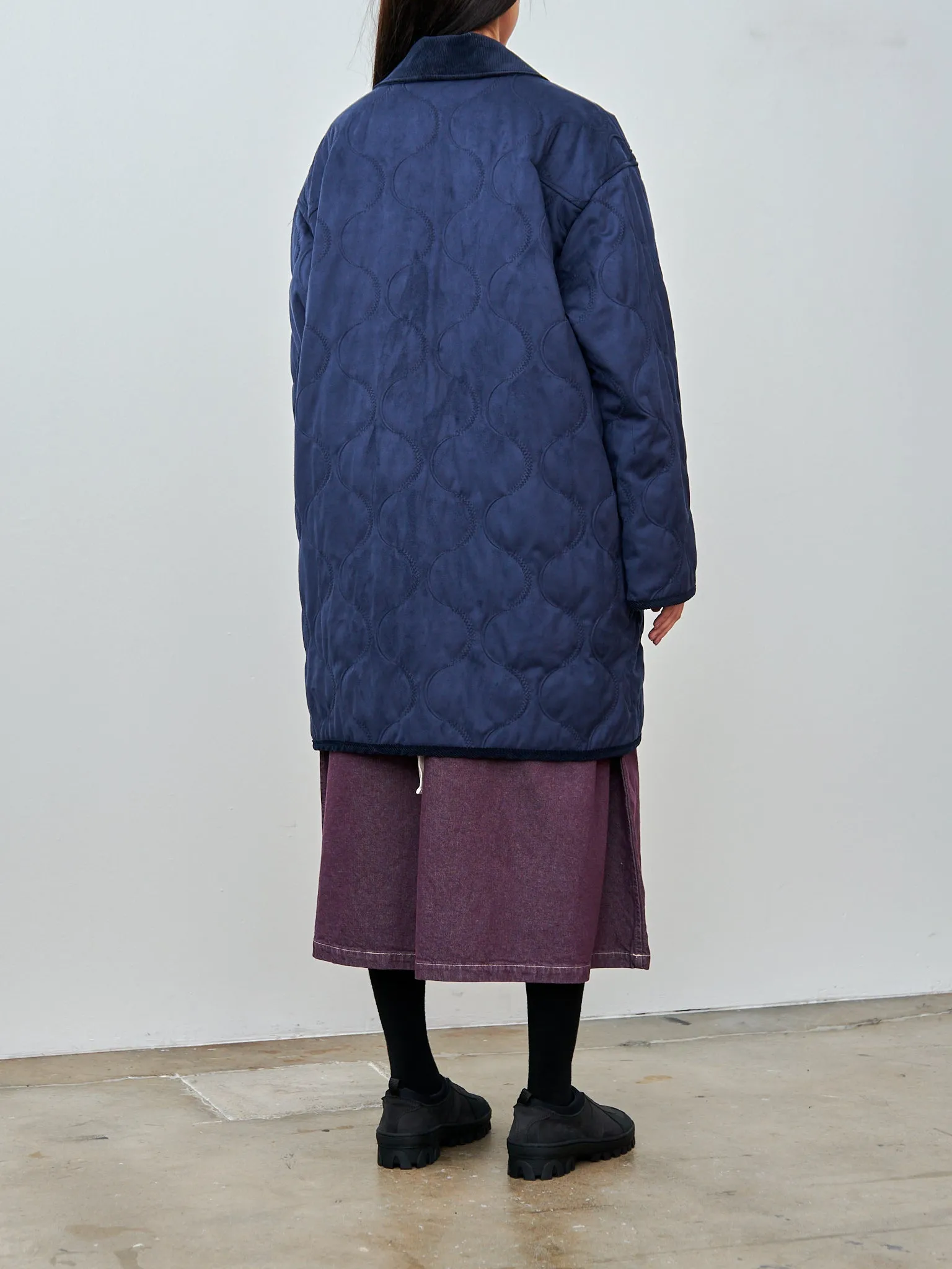 Vegan Nubuck Quilted Zip & Fly Front Coat - Navy