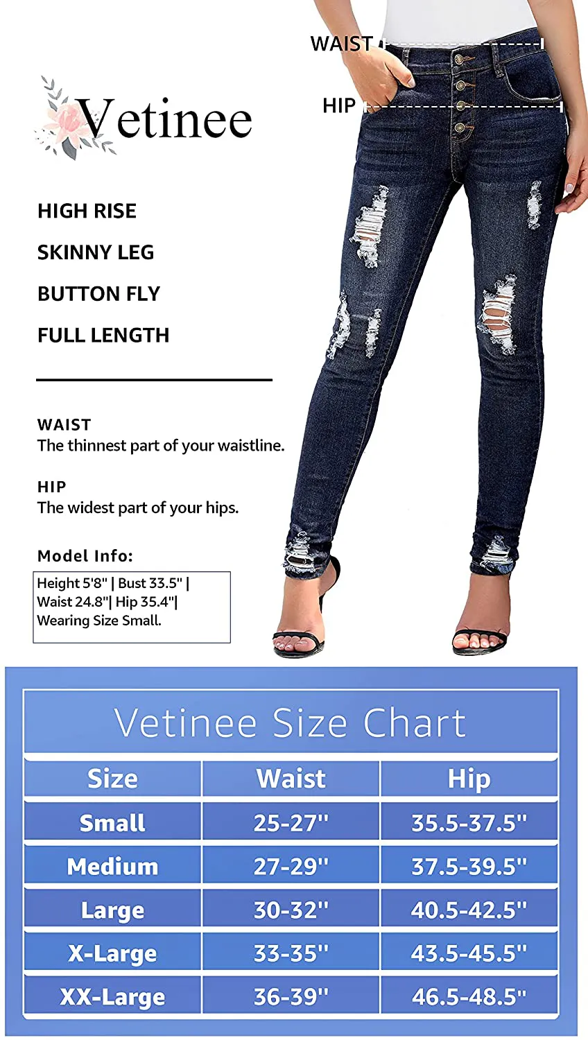 Vetinee Women's High Rise Skinny Jeans Ripped Slim Fit Stretch Denim Pants