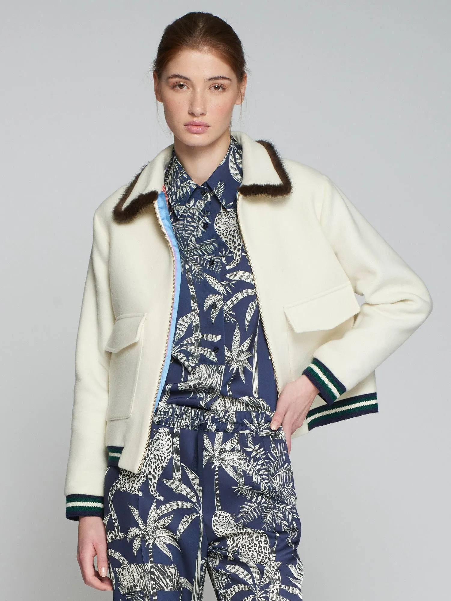 Vilagallo Lana White Wool Bomber Jacket