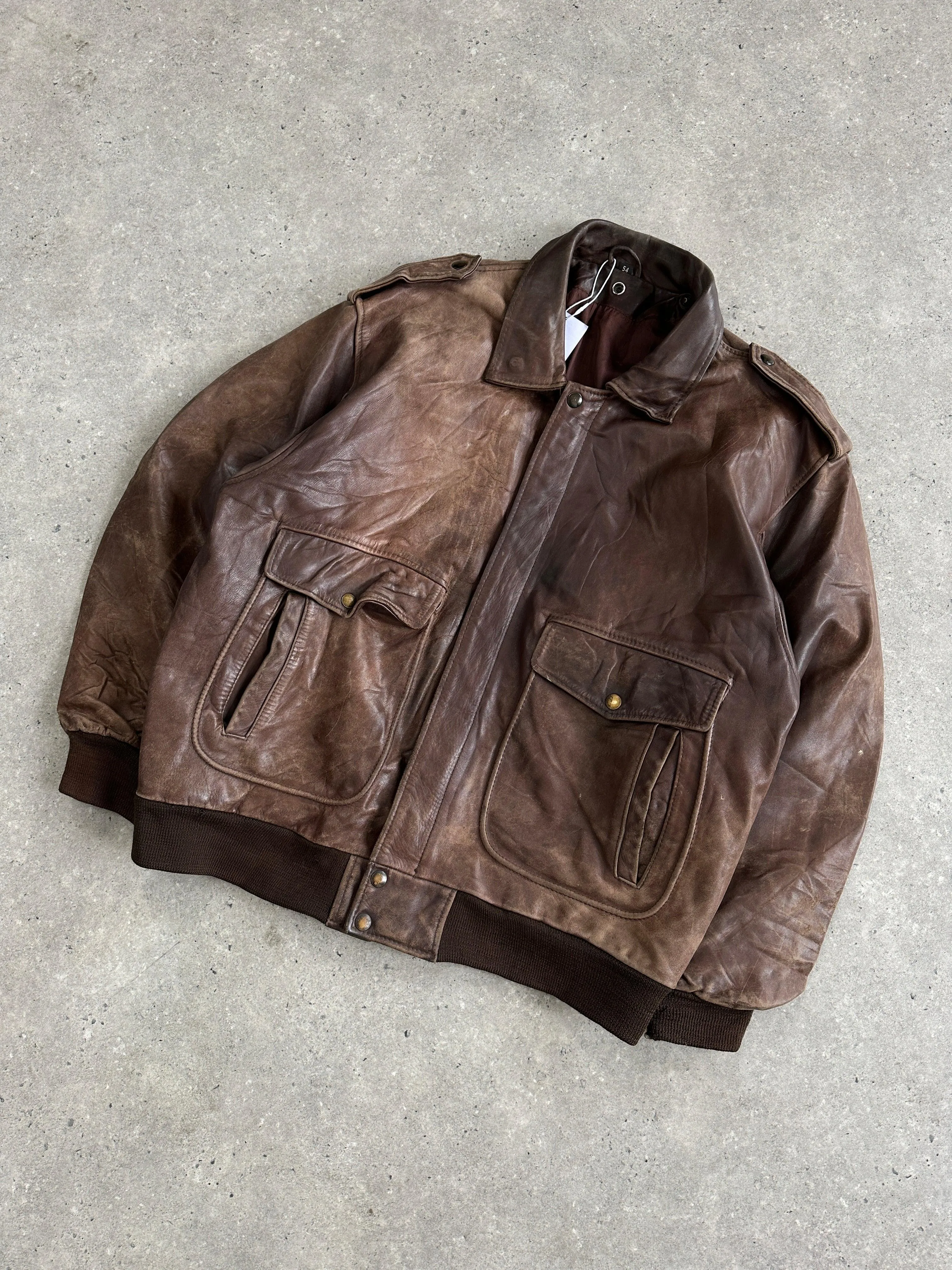 Vintage Distressed Leather Bomber Jacket - XL