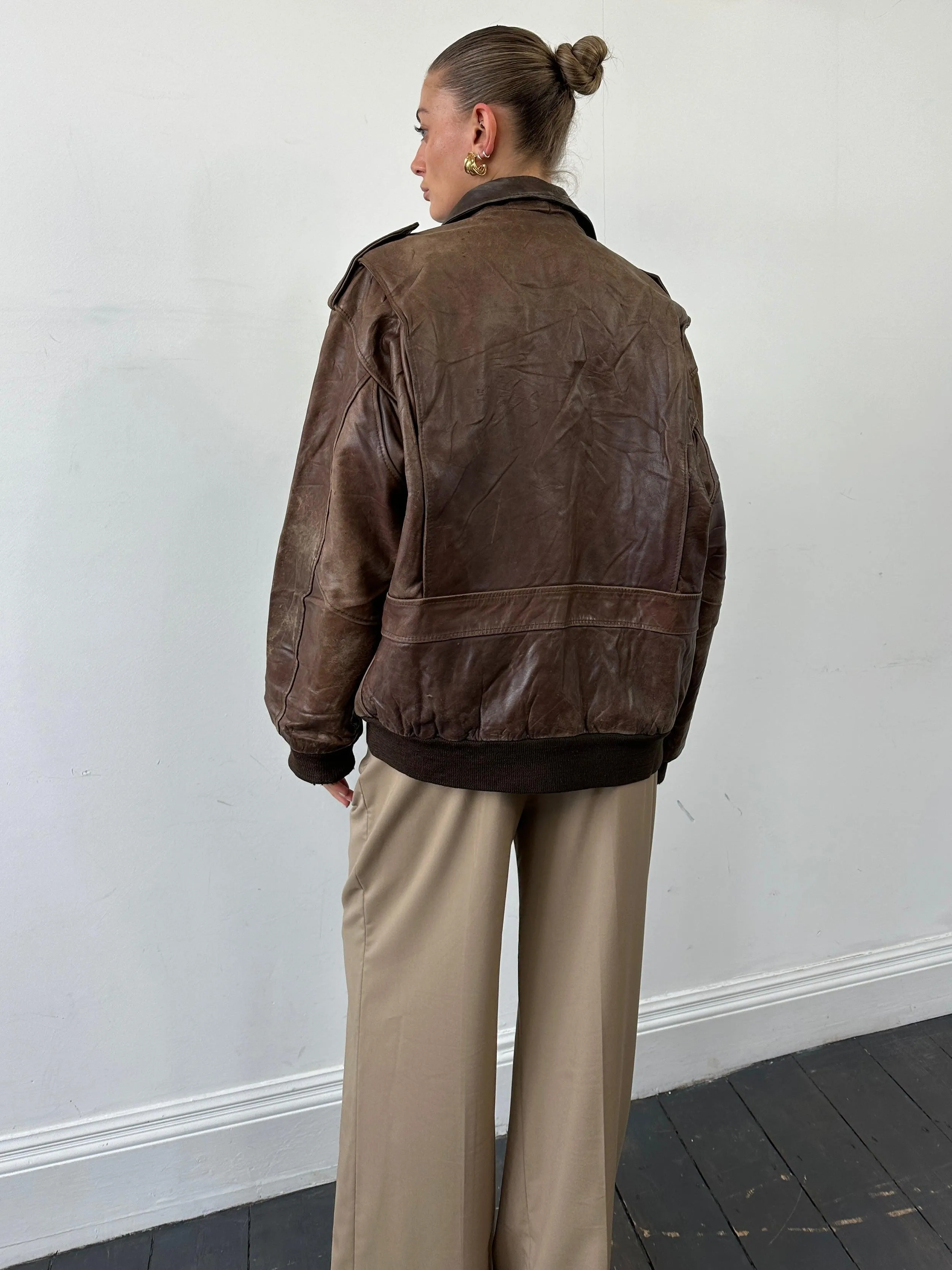 Vintage Distressed Leather Bomber Jacket - XL