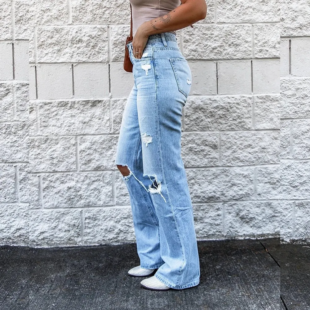 Vintage High Waist Ripped Boot Cut Jeans (Dark/Light Blue)