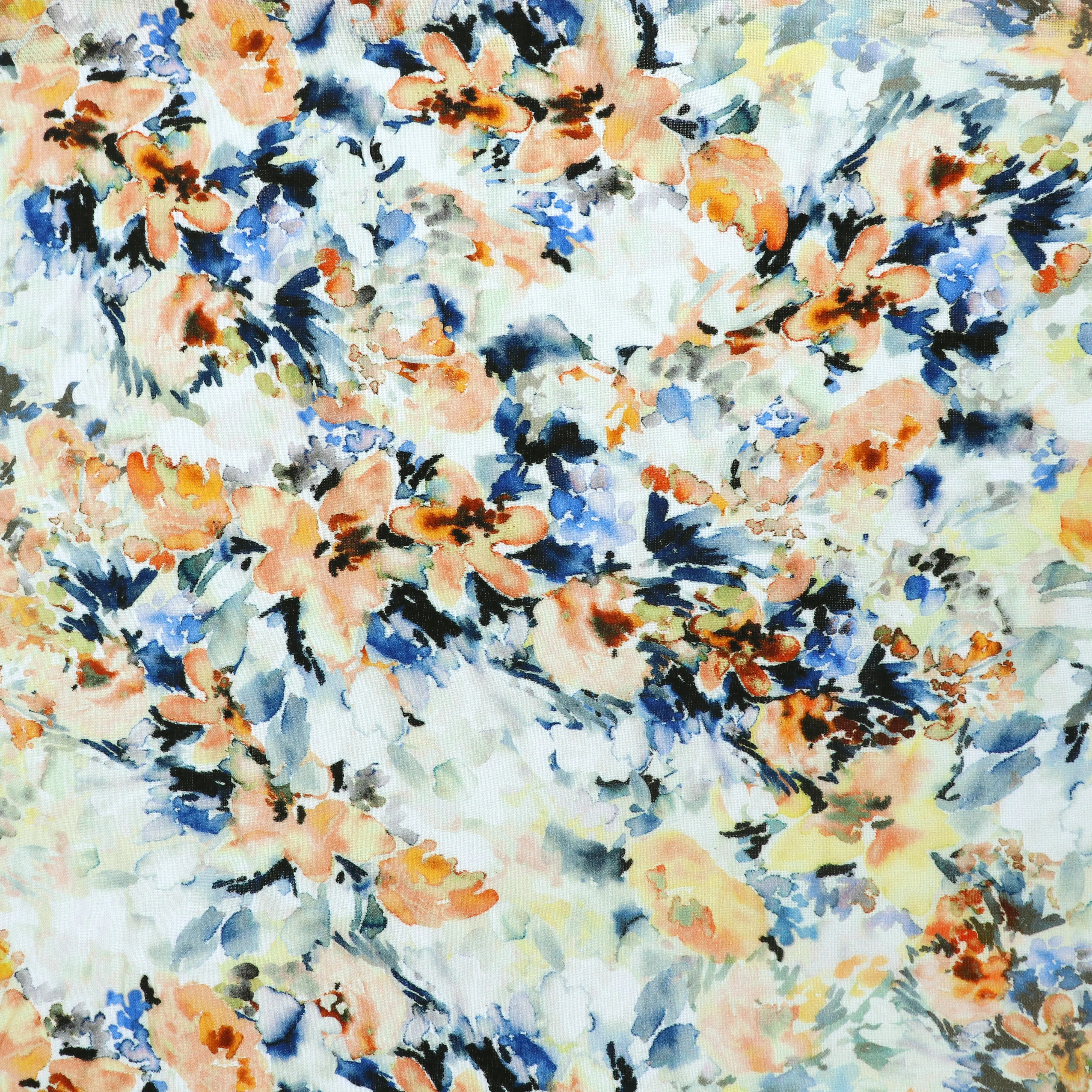 Viscose Linen - Watercolour Floral - Blue   Orange - SALE